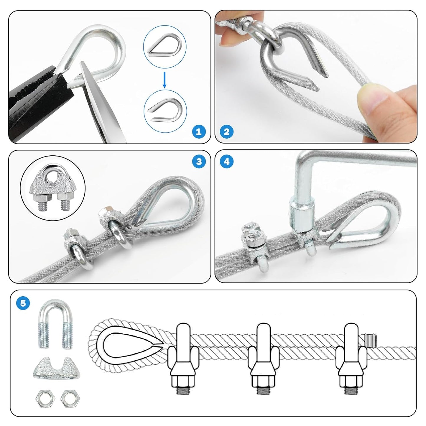 3/16" Wire Rope Kit, 100Ft PVC Coated Steel Cable Guide Wire Tensioner Strainer Kit w/ 7×7 Strand Core Steel Wire for String Light Hanging Kit/Decking & Stair Railings/Shade Sails/Clothes Line