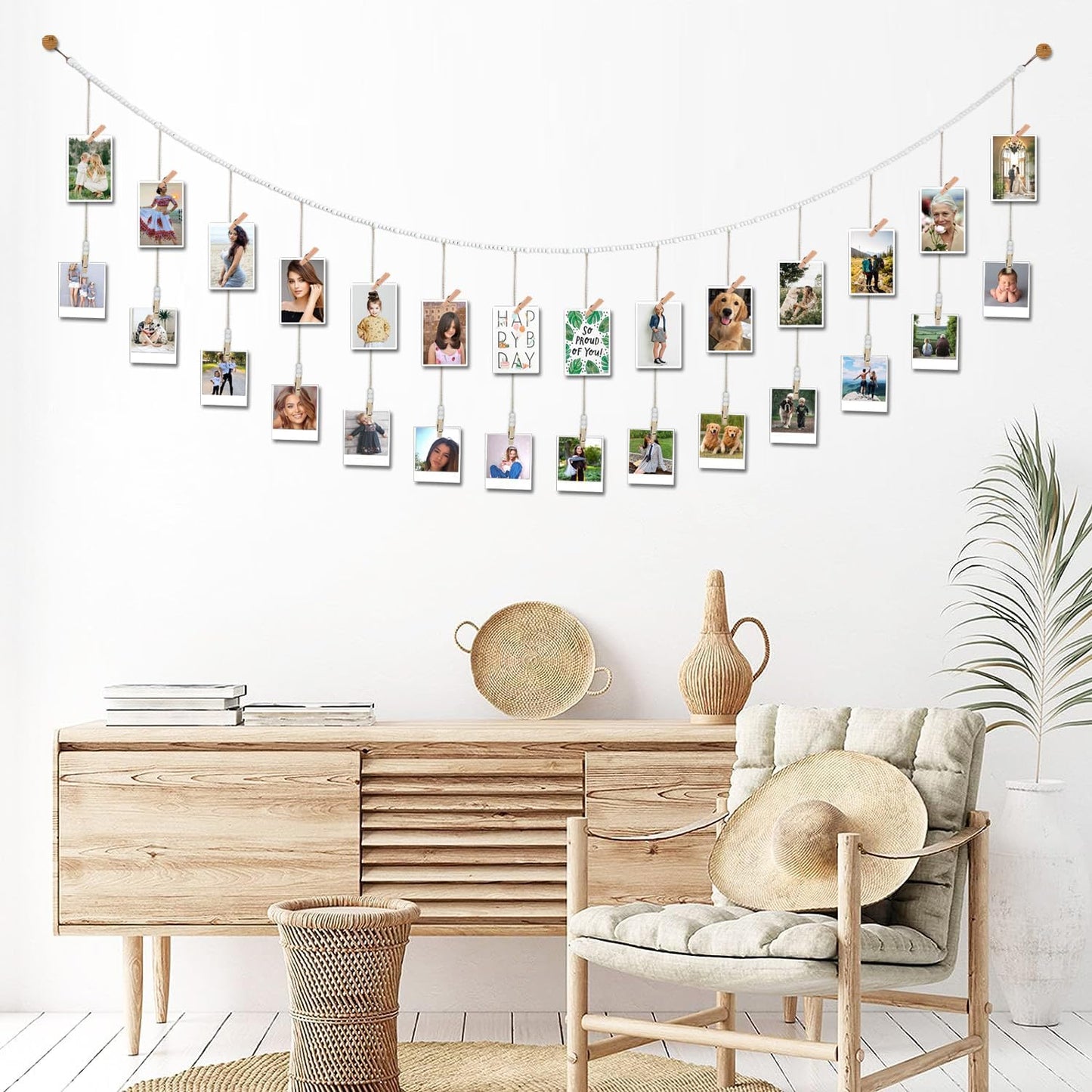 8 Feet Wooden Beads Garland with Clothespins Picture Cards Holder - Country Farmhouse Christmas Nursery Boho Holiday Decorations with Clips