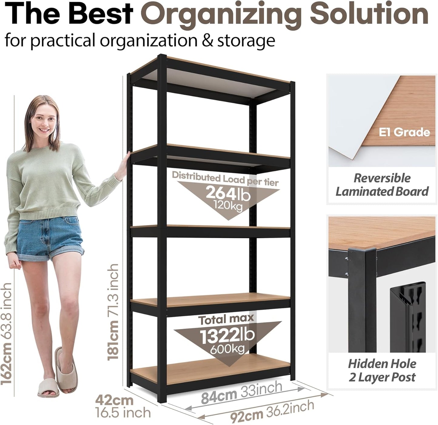 HOMEDANT House Black 5-Tier Laminated Metal Shelving Unit Adjustable Storage Utility Rack Heavy Duty Shelves Organization Shelf Kitchen Garage Pantry Closet 1Pack