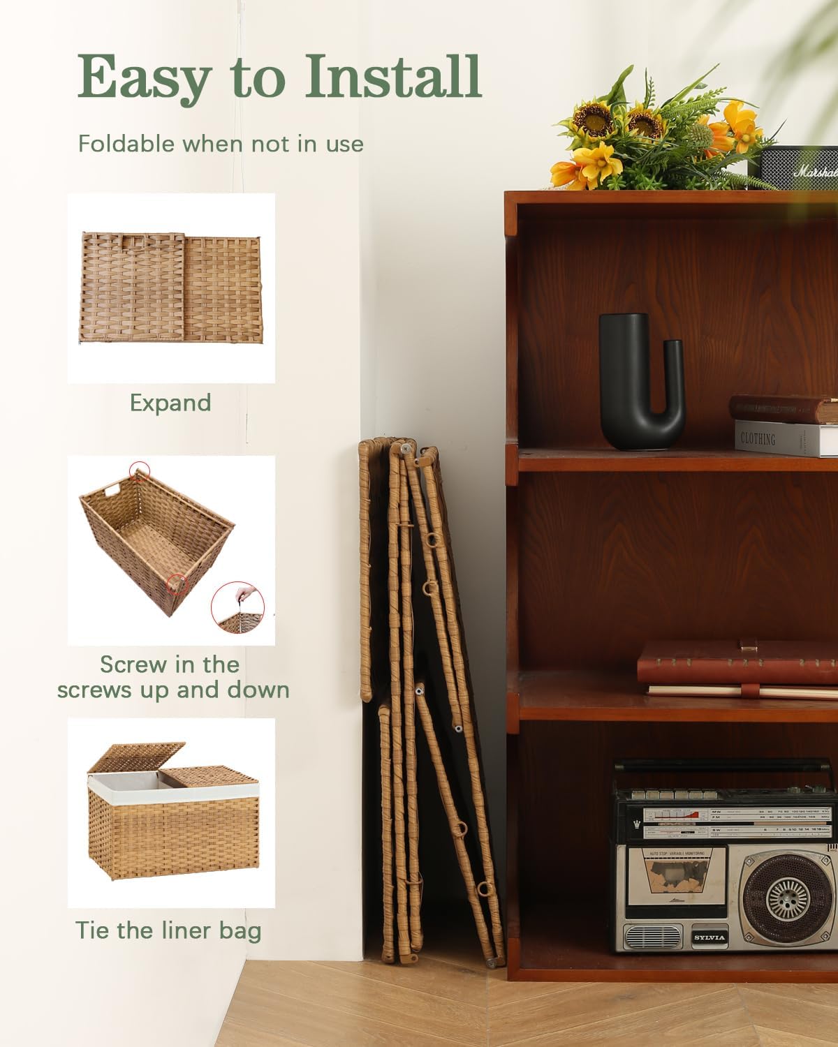 Storage Basket with Lid Rattan Storage Basket with 2 Separate Lid, 27.8 Gallon (105 L) 25.2 * 15.4 * 16.1 Inches Woven Wicker Baskets with 2 Liners and Handles for Bedroom Laundry-Natural