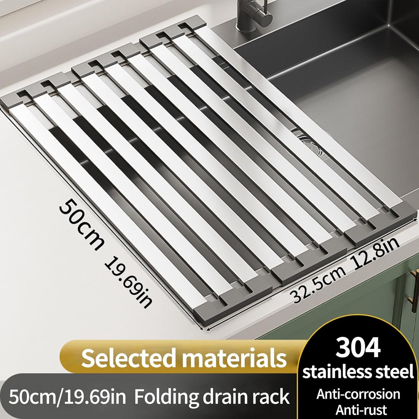Foldable Dish Drying Rack, Over The Sink Dish Drying Rack ，Dish Drying mat，Dish Drying mats for Kitchen Counter，Stainless Steel Multifunctional mat (19.69×12.8in)
