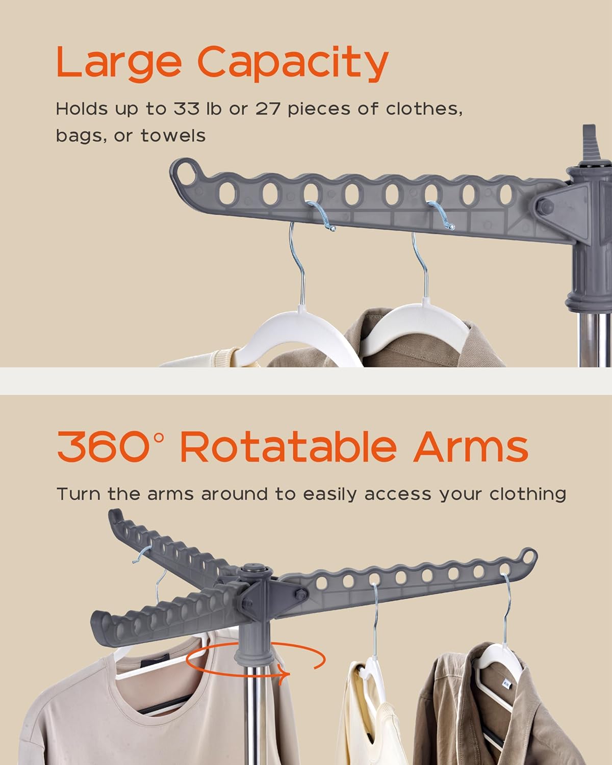 Clothes Drying Rack Foldable, 59 inch Tripod Laundry Drying Rack Indoor with Rotating Clothes Rail for 27 Pieces of Clothes, Space Saving, Stainless Steel, Grey and Silver CDR001G01