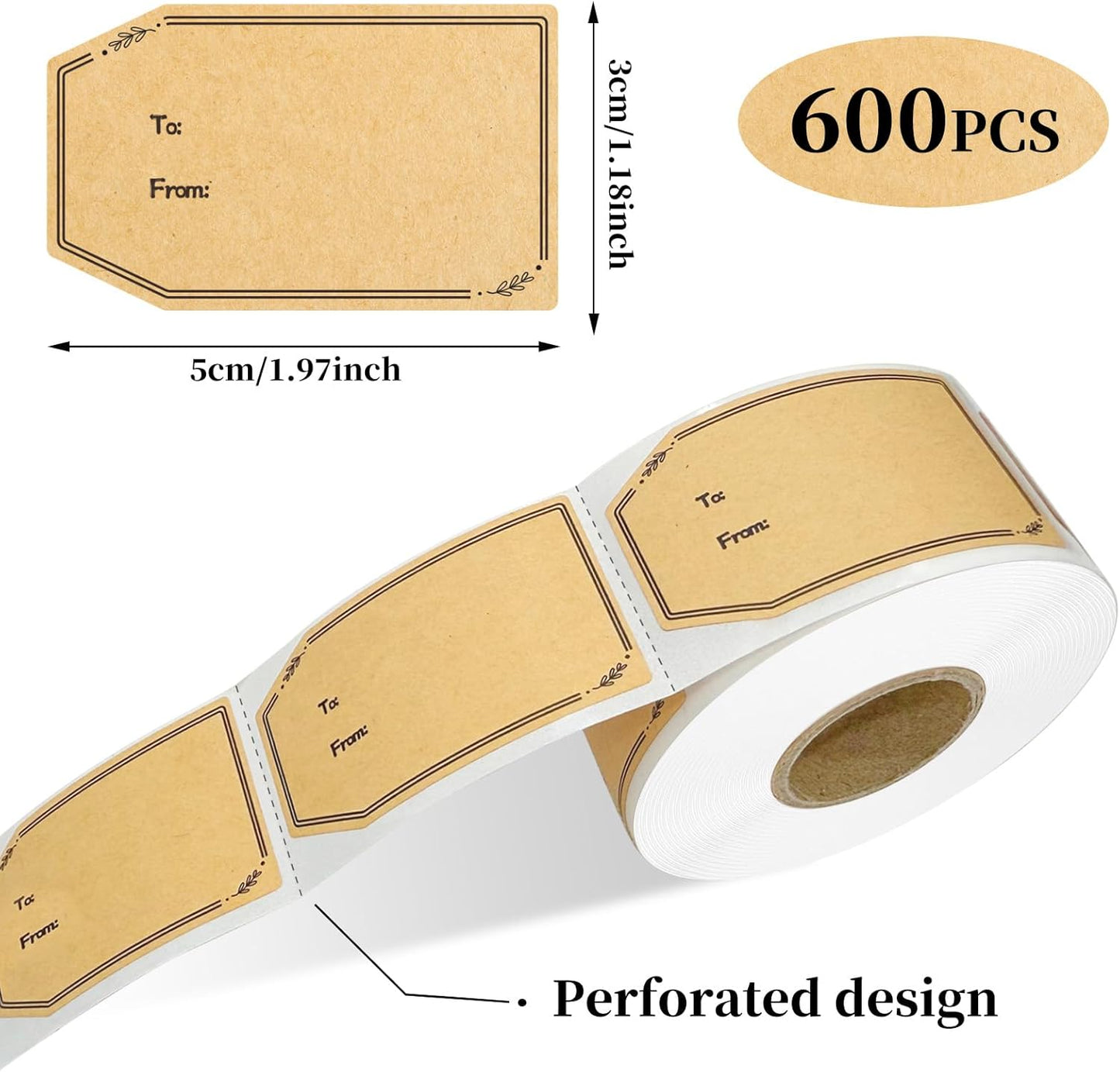 Kraft Gift Tag Stickers, 1.18" x 2" Christmas Gift Tags Stickers, Brown Kraft to and from Gifts Labels Self Adhesive Christmas Labels Holiday Present Label, Perforated line design-600PCS