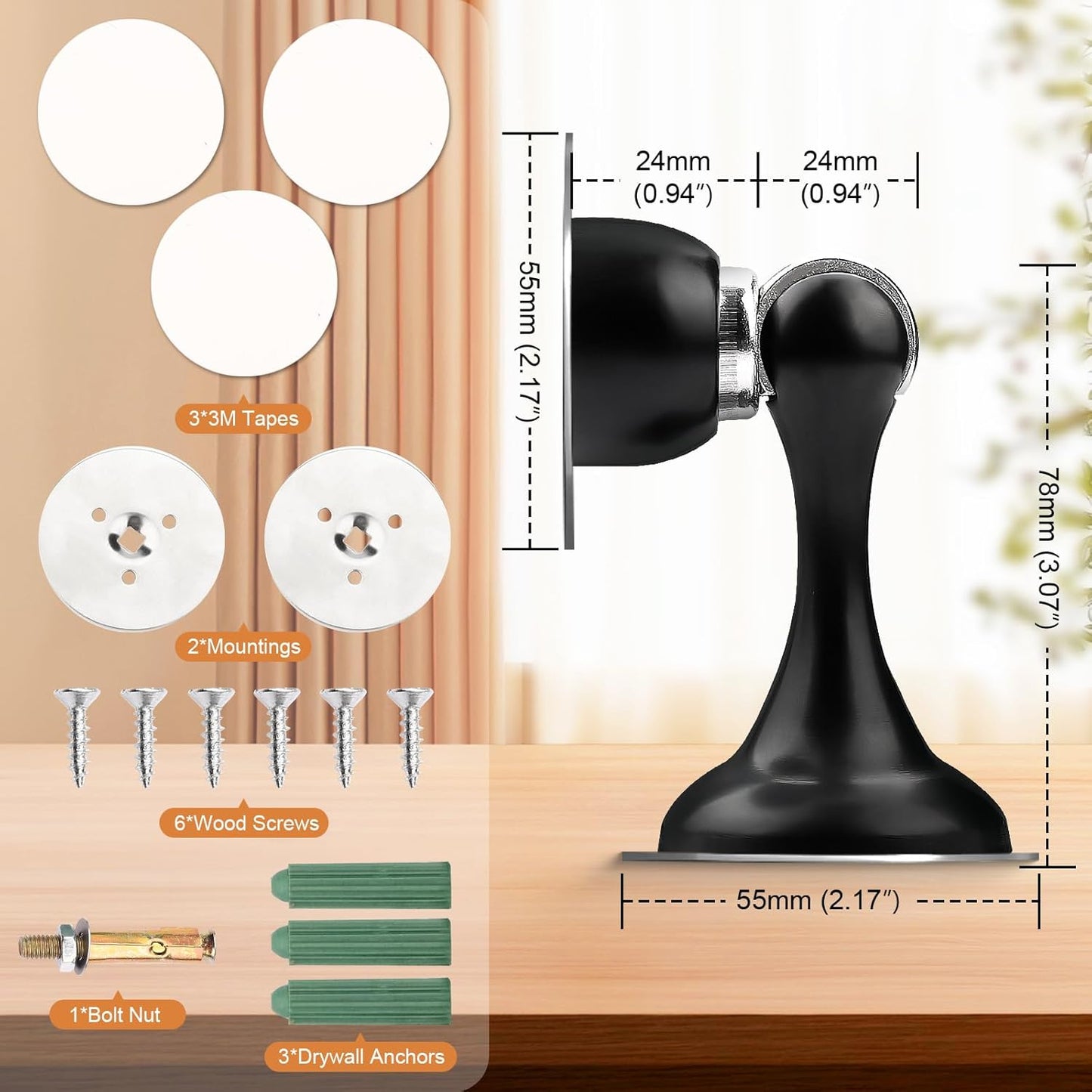 Probrico Black Magnetic Door Stoppers for Bottom of Door, Stainless Steel Magnet Door Catch Door Stops to Keep Door Open, Heavy Duty Door Holder, Wall and Floor Mounting, 6 Pack