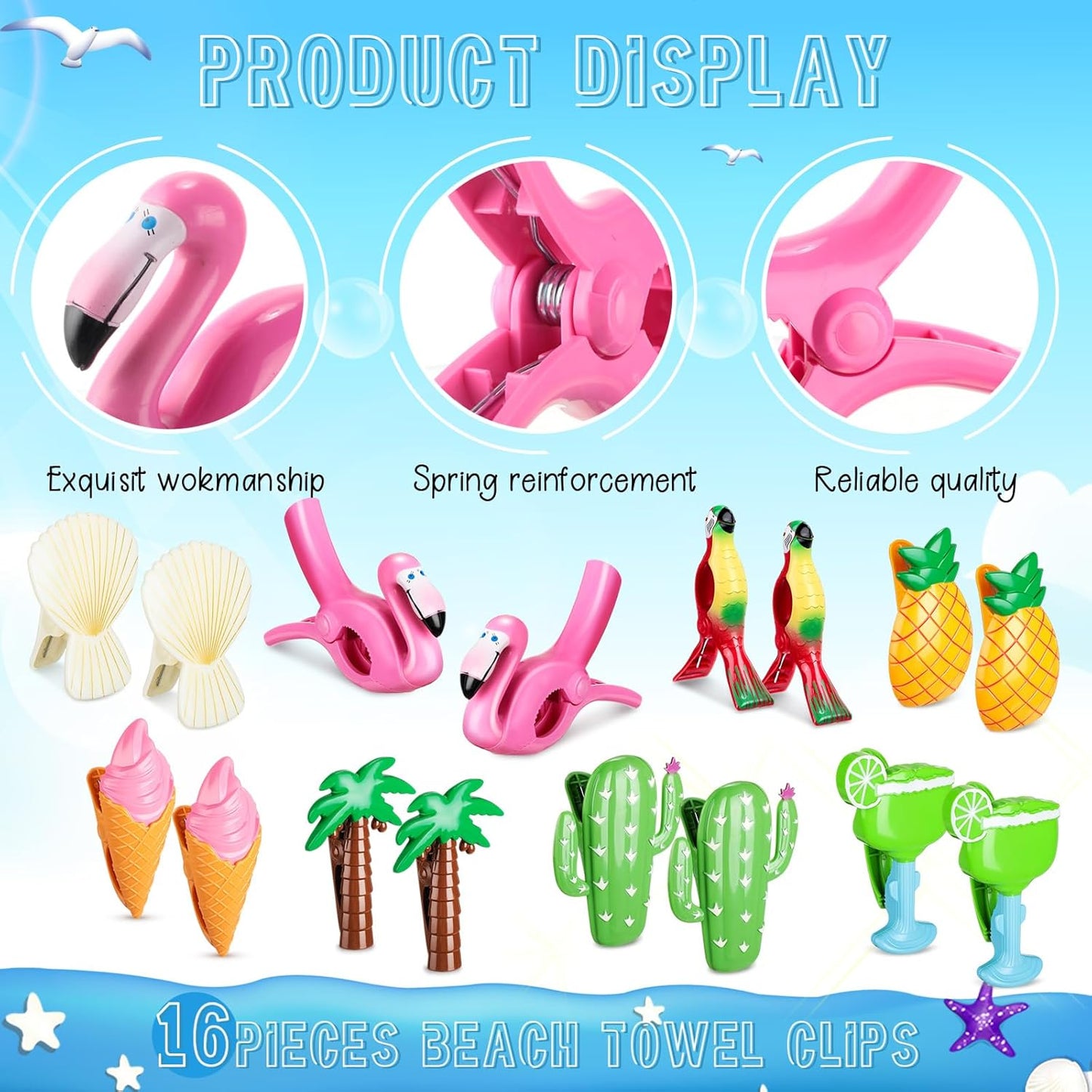 Rtteri 16 Pcs Beach Towel Clips for Beach Chairs Cute Towel Holder Cruise Clothes Pins for Lounge Chair Patio Pool, Assorted Style(Vivid)