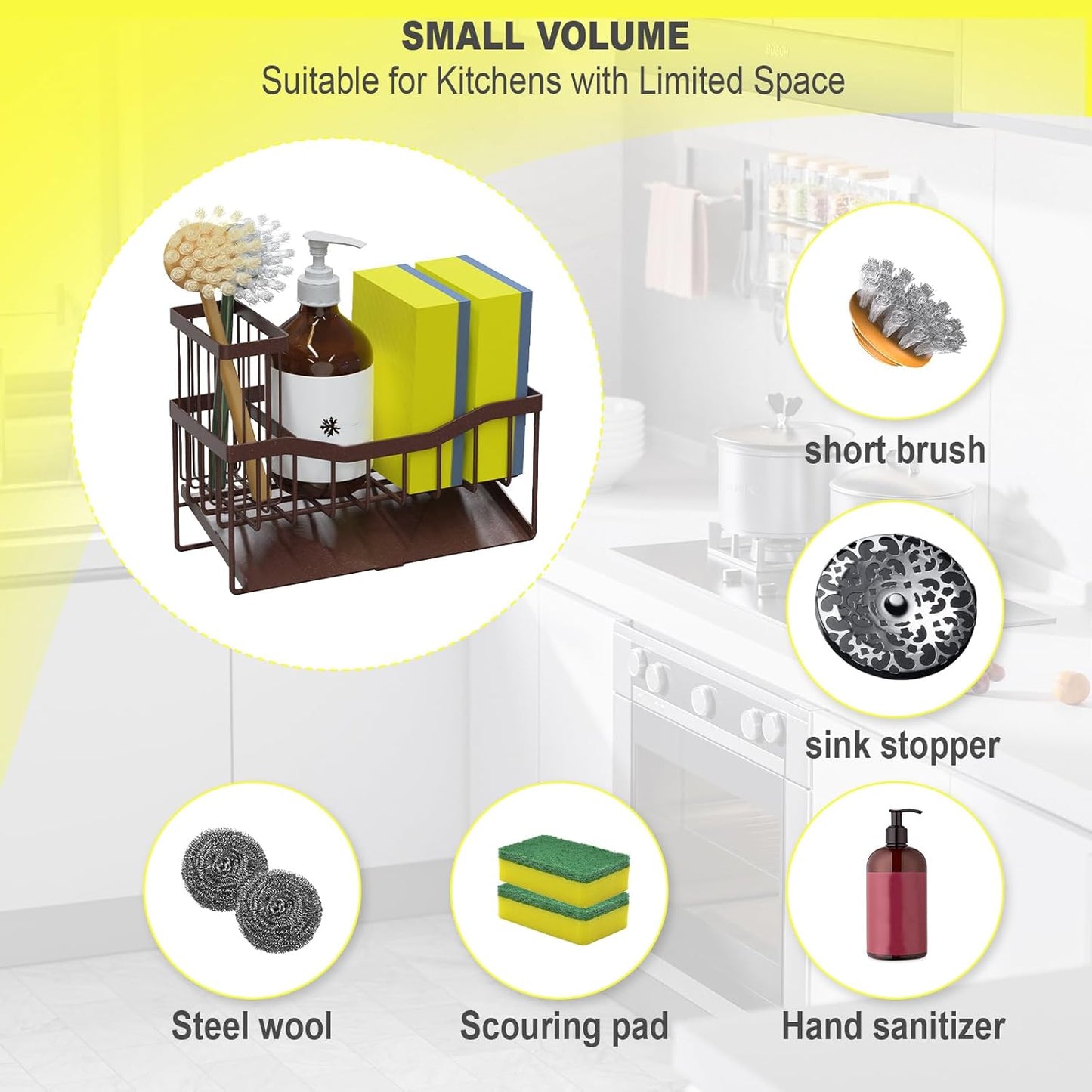 Maifan Sink Caddy Sponge Holder for Kitchen with Brush Holder and Stainless Steel Self Drain Tray, Rustproof Kitchen Sink Organizer for Sponge, Soap Dispenser Storage Accessories