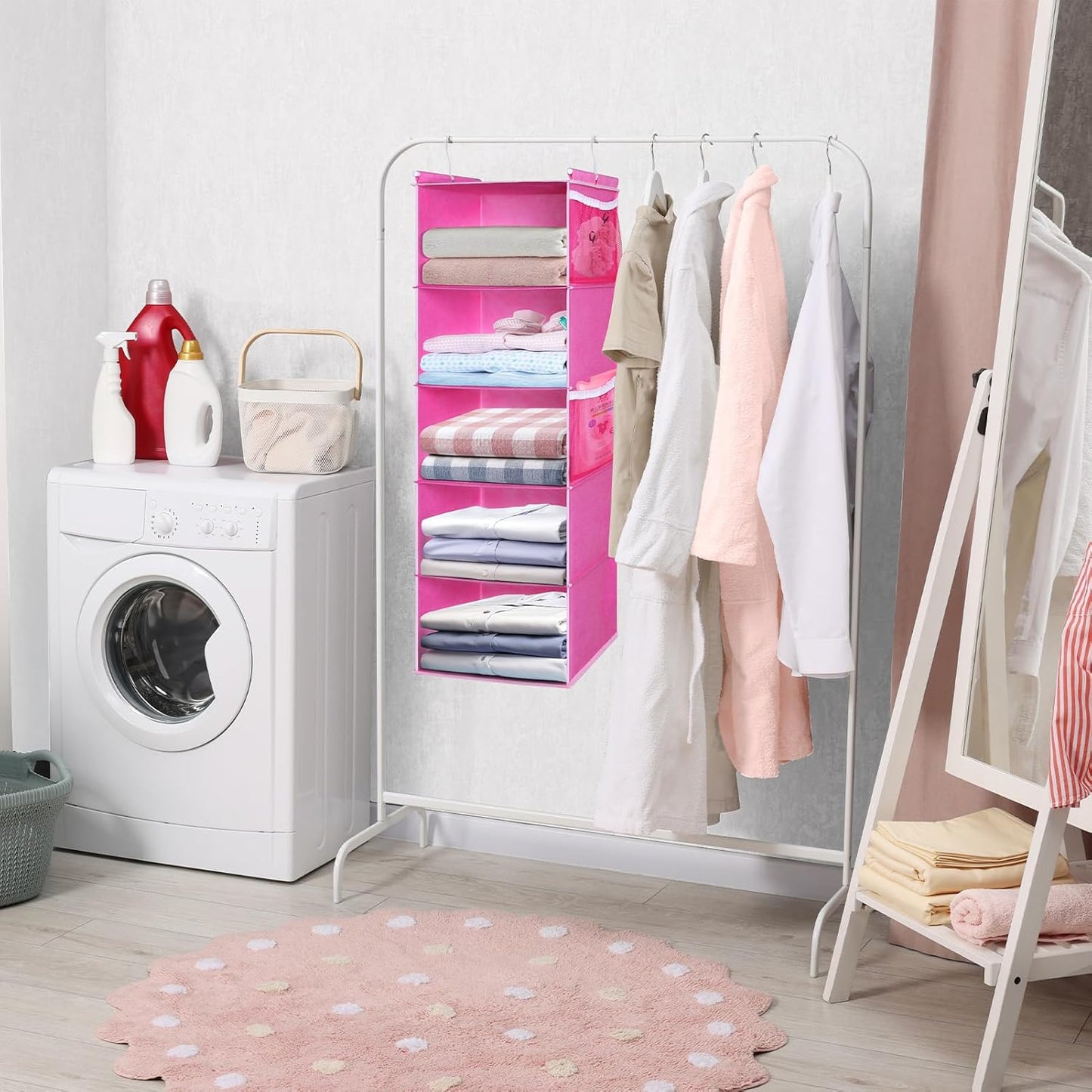 MAX Houser 5-Shelf Hanging Closet Organizer, Hanging Storage Shelves with 4 Side Pockets Space-Saving for Bedroom, Foldable (Pink)