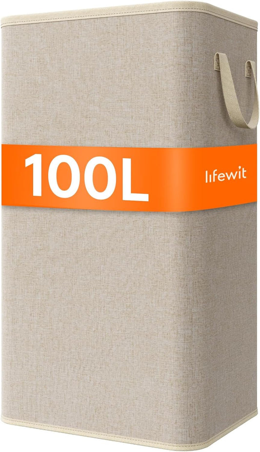 Lifewit 100L Large Tall Laundry Hamper, Collapsible Laundry Basket with Handles, Foldable Clothes Hampers for Laundry, Portable Dirty Clothes Hamper for Dorm College Bedroom Bathroom, Beige
