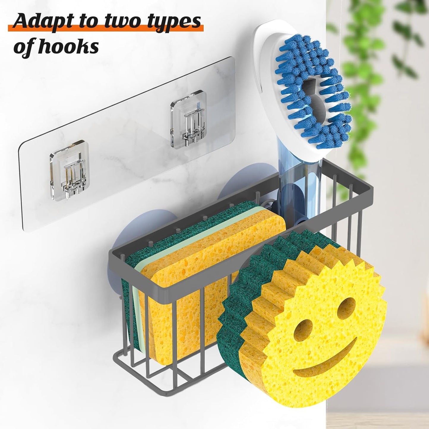 Sponge Holder Smiley Face,Sink Caddy for Kitchen Sink,Sponge Holder with 2 PCS Suction Cups/1 PCS Adhesive Strips,Designed for Sponge,Soap,Dish Brush,Scrubber-Charcoal Gray