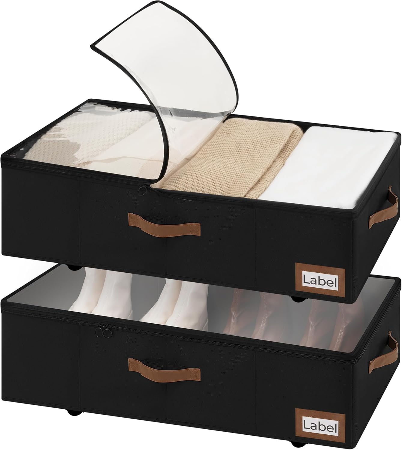 StorageWorks Under Bed Storage with Wheels, 10'' Underbed Storage Containers with Lid, 90L Clothes Organizer for Blankets, Sweaters, Bedding, 2-Pack, Black