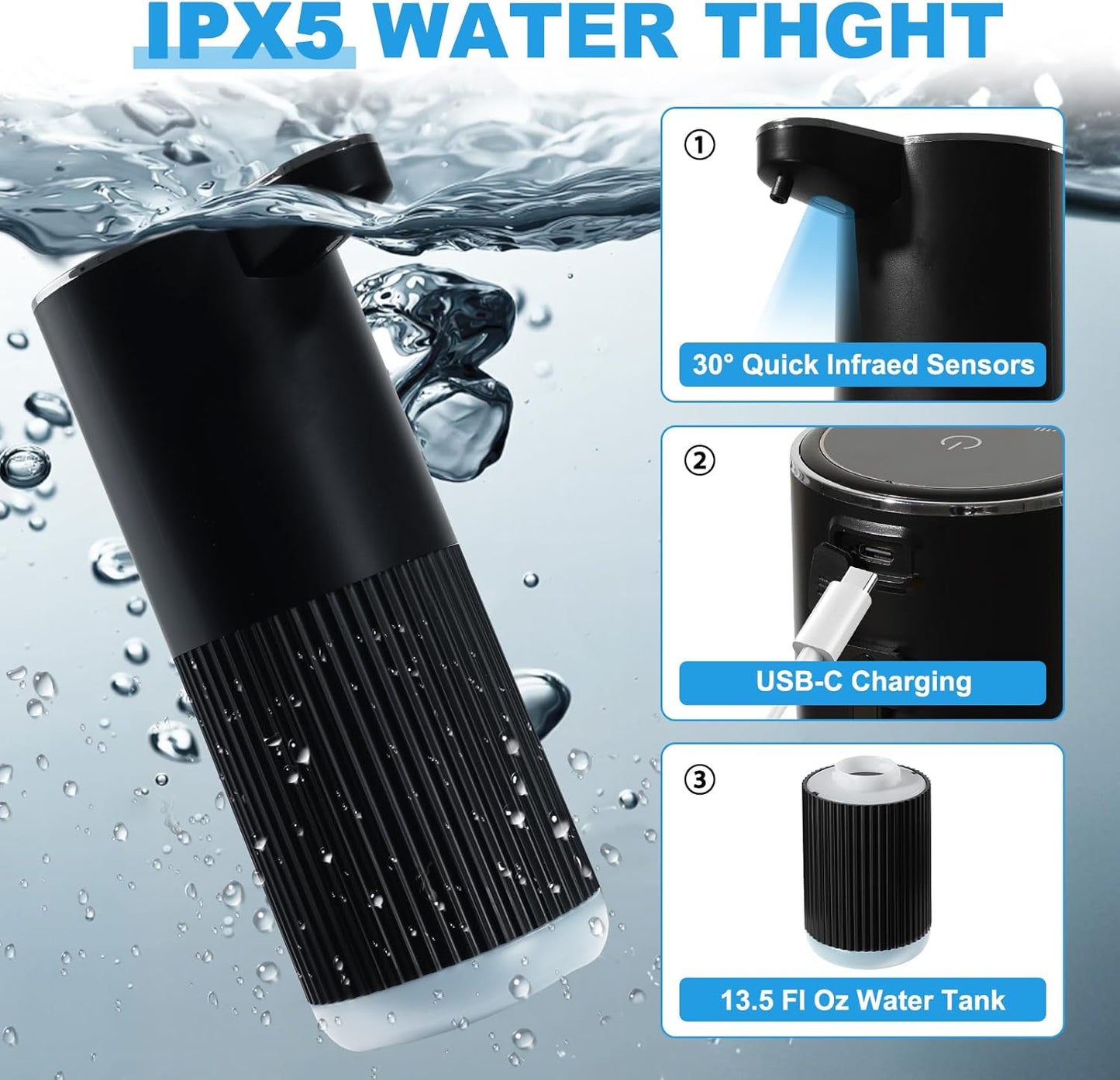 Automatic Soap Dispenser, 2 Pack Black Touchless Liquid Soap Dispenser for Bathroom, 13.5 Fl Oz Plastic Electric Auto Dish Soap Dispensers Wall Mount for Kithcen with Adjustable Volume