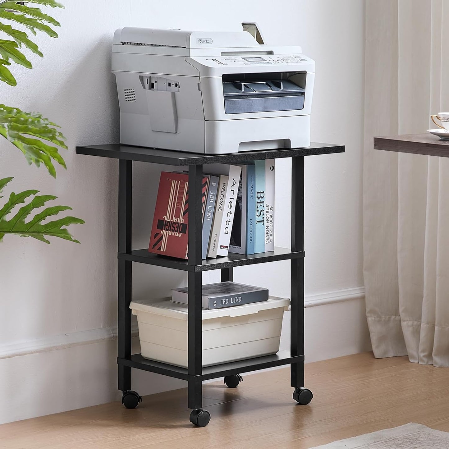 Lerliuo 3 Tier Printer Stand with Storage, Printer Table for Home Office, Wooden Rolling Printer Cart Shelf with Lockable Wheels fit Fax Machine, Scanner(Black)