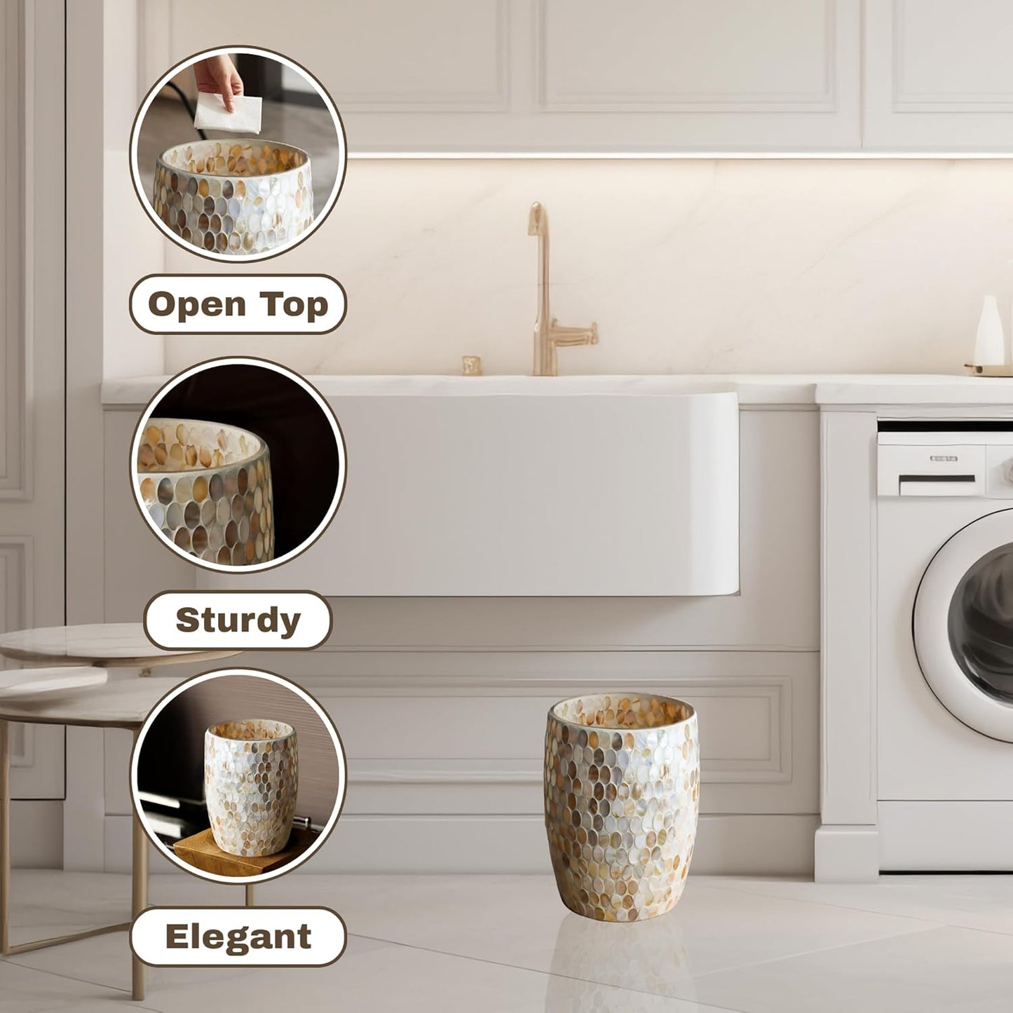 Escenzy Natural Shell Bathroom Trash Can Mosaic Glass 5L | Decorative Small Garbage Can | 7" x 10" | Luxury Waste Basket for Restroom, Office, Bedroom & Kitchen | Shiny Glass Bathroom Accessories