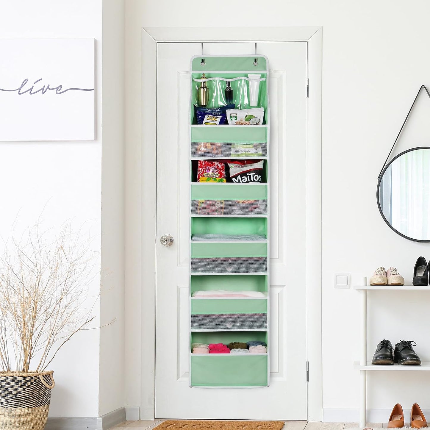 Univivi 6-Shelf Over Door Hanging Organizer Fabric Baby Door Storage with 5 Large Pockets and 3 Small PVC Pockets Wall Mount Hanging Storage Organizers for Baby Essential (Green)