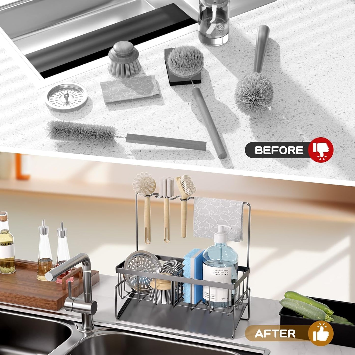 NET MEYA Sponge Holder for Kitchen Sink,Stainless Steel Sink Caddy with Dish Brush Holder,Kitchen Sink Organizer Countertop Sink Holder,Dish Soap Holder for Kitchen Sink Organizer