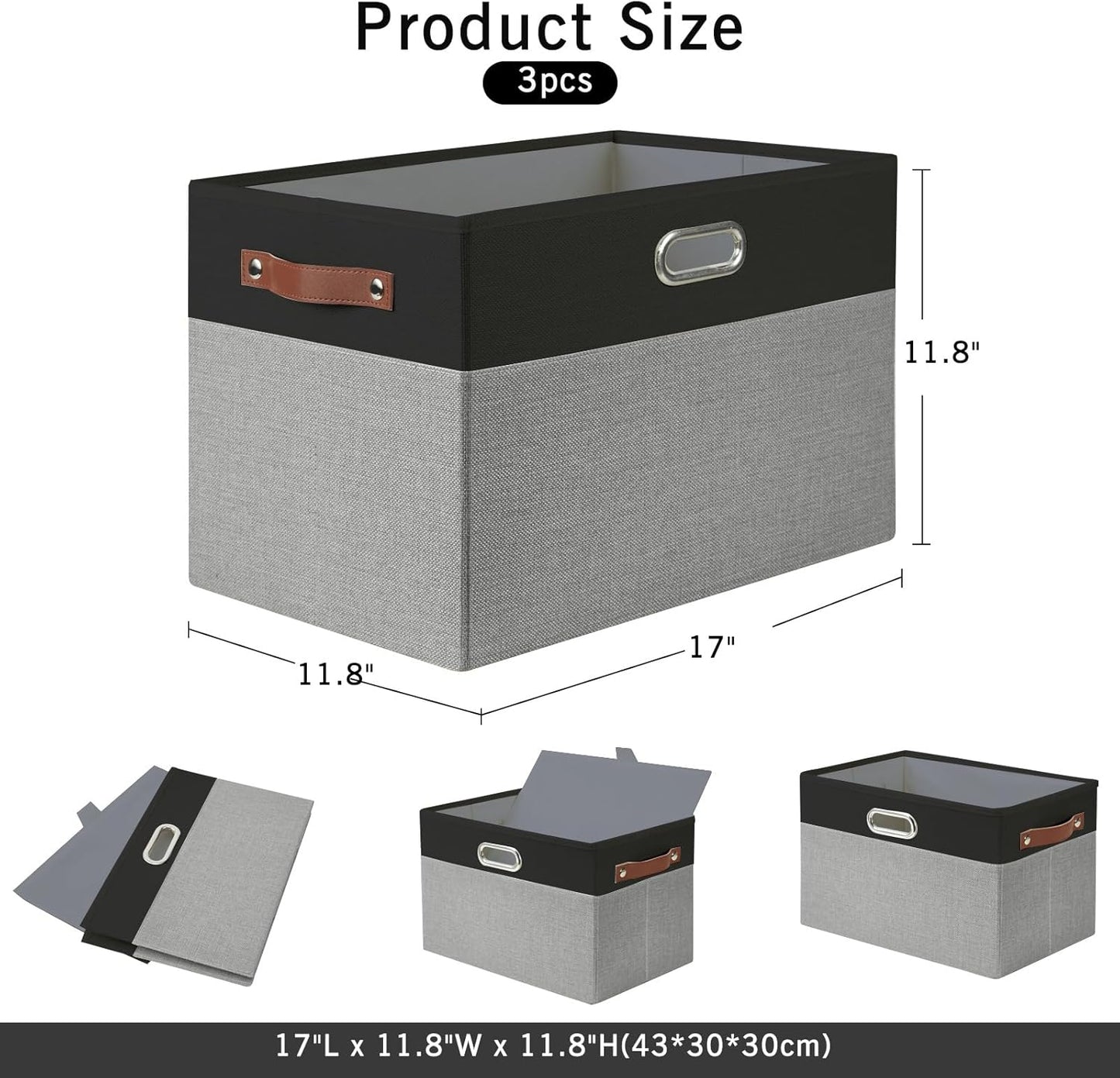 Large Collapsible Fabric Storage Bins with 3 Handles, Foldable Organizer Baskets for Closet, Shelves, Living Room | 3 Pack, Durable PU & Metal Handles (17"x11.8"x11.8", Black & Gray)