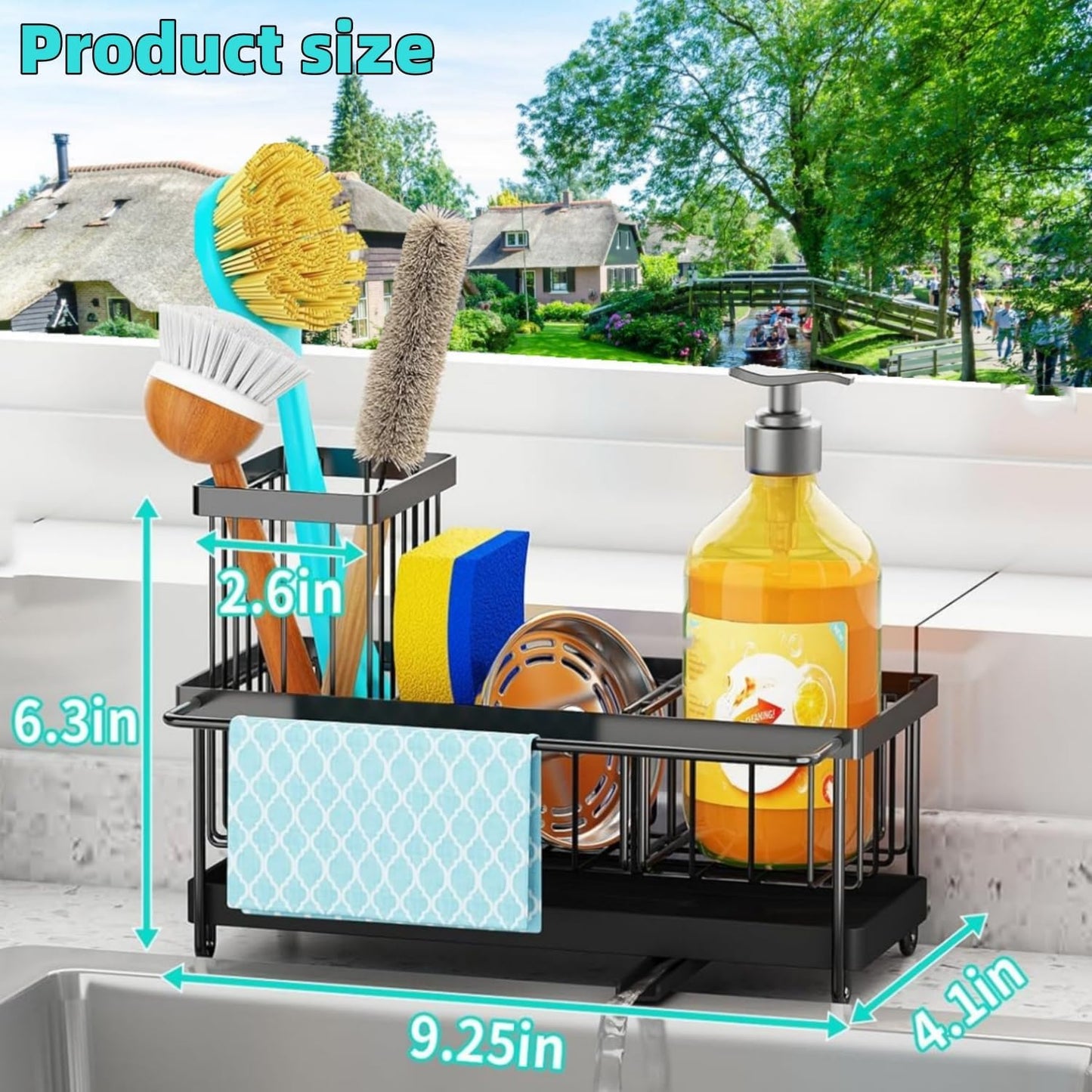 Sink Caddy Sponge Holder with Auto Draining Tray, Space-Saving Soap Dispenser Storage Kitchen Organizer Accessories (Black Holder)