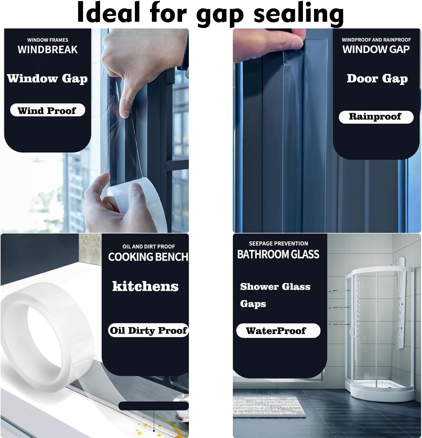 Transparent Window Weather Sealing Tape 2 Inch x 33 FT Weather Stripping Residue-Free Clear Window Insulation Tape for Doors Windows and Shower Glass Gaps