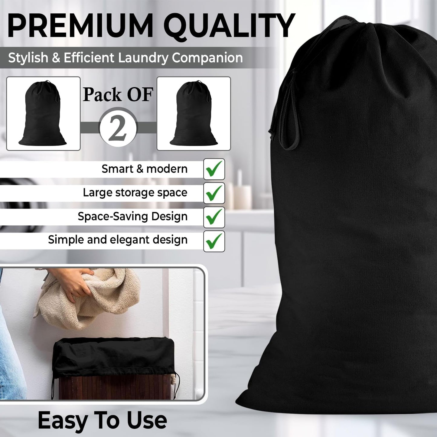 2 Pack - Extra Large Cotton Laundry Bag, Heavy Duty Large Laundry Bags 24 x 36 inch XL Drawstring Travel Organizer Bag Fit Hamper Basket Camp (Dark Grey, Pack of 2)
