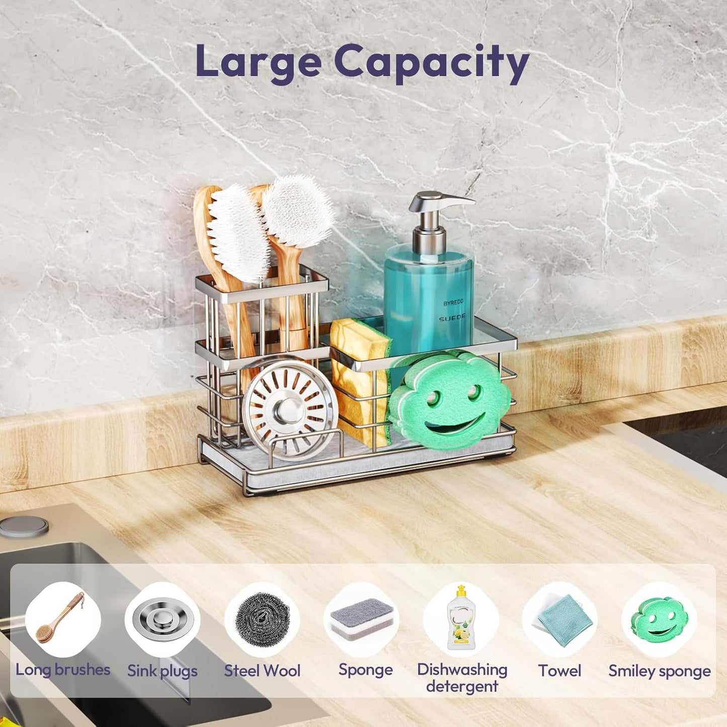 SWTYMIKI Kitchen Sink Caddy Organizer, Smiley Face Sponge Holder for Kitchen Sink, Instant Drying Sponge Holder with High Dish Brush Holder Organizer for Countertop, Silver