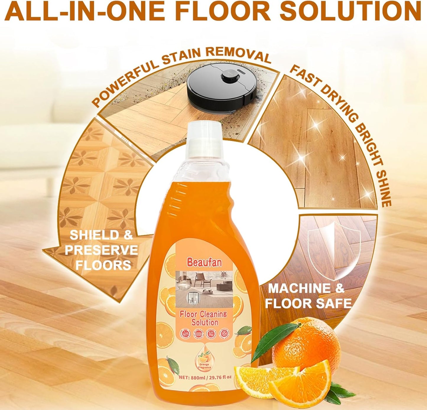 Concentrate Floor Cleaner Solution for Robot Vacuums, Wet Dry Vacuum Cleaner and Steam Mops Compatible with Tineco, Bissell, Dreame, Roborock etc, 29.76 fl oz Makes 46.5 Gallon Solution (Orange)