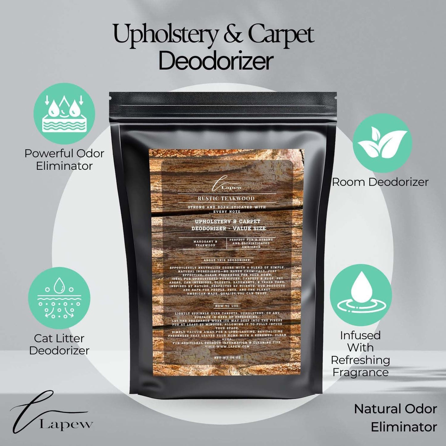 Rustic Teakwood Carpet Freshener Powder Refill 36 oz | Powerful Odor Eliminator for Home | Upholstery Deodorizer | Carpet Deodorizer | Pet Urine | Cat Litter Box | Mahogany Teakwood Fragrance