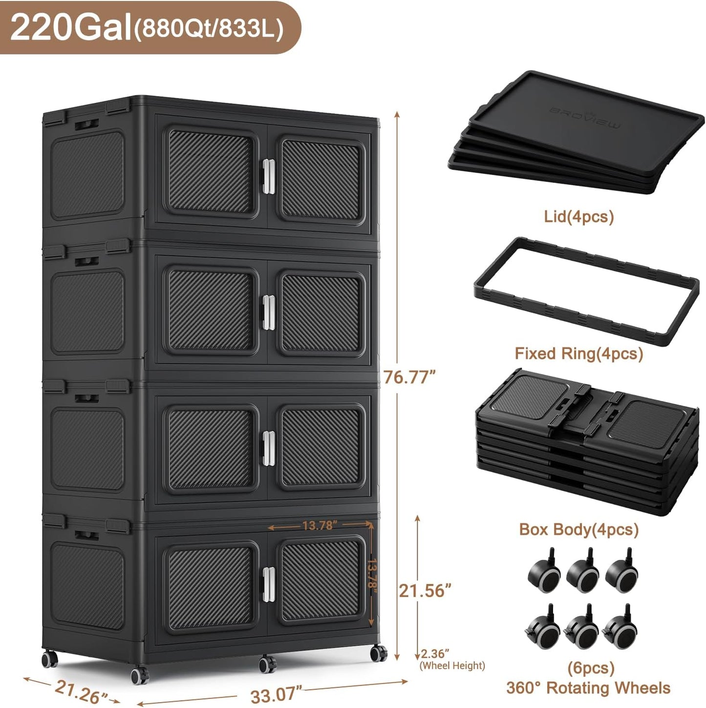 BROVIEW 880 Qt Stackable Storage Bin with Lid, 220Gal Extra Large Collapsible Storage Boxes, Folding Plastic Drawer, Heavy-Duty Store Cabinet, Closet Organizer for Home Kitchen, 4 Pack Black