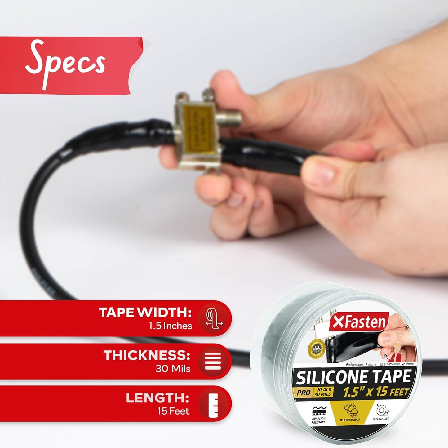 XFasten Self-fusing Silicone Tape Pro, Black, 1.5-Inch x 15-Feet, 30mils Weatherproof Silicone Rubber Sealing Tape for Outdoor Coax, Electrical Cable, Radiator Hose, Pipe Leaks and Emergency Repairs