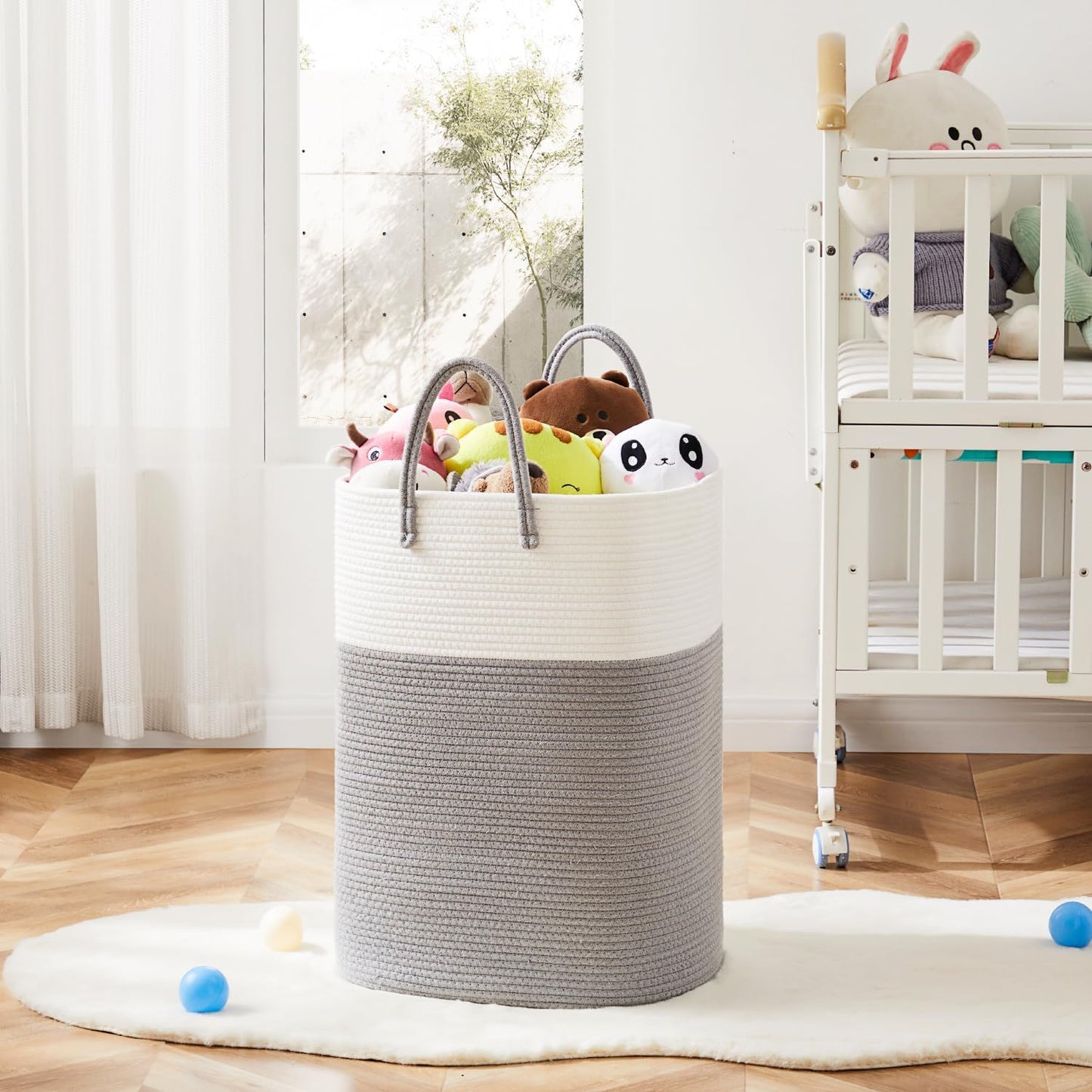 Laundry Basket,Woven Cotton Rope Laundry Hamper,Versatile Storage for Dirty Clothes,Baby Toys,and Blankets in Bathroom, Nursery,and Living Room (Grey, 60L)