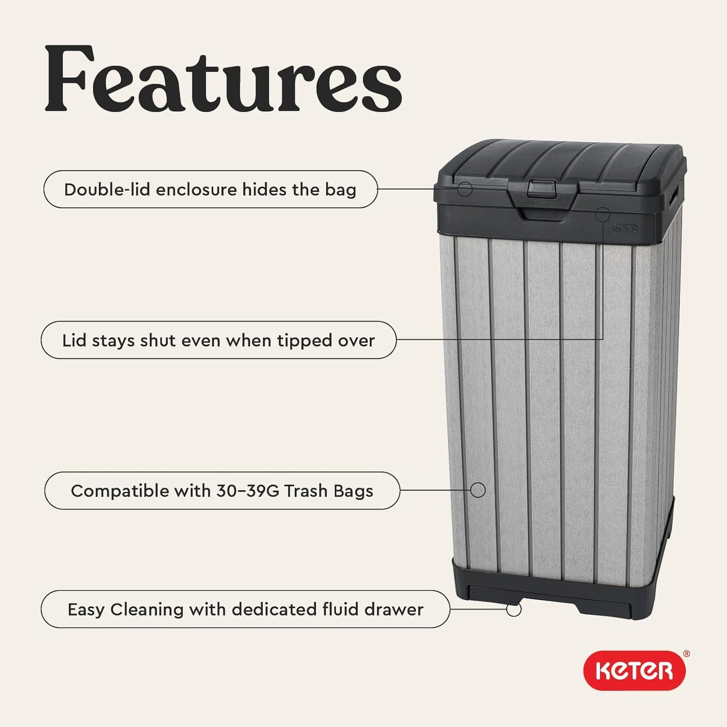 Keter Rockford Resin 38 Gallon Outdoor Kitchen Trash Can with Lid and Drip Tray for Easy Cleaning-Perfect for Patio Dining, Grey