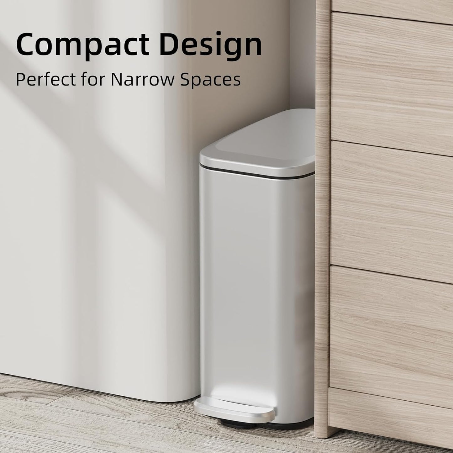 KUK Slim Bathroom Trash Can with Lid, 1.6 Gal / 6L Stainless Steel Small Garbage Bin with Detachable Inner Bucket, Step Pedal, Silent Close, Wastebasket for Toilet, Bedroom, Home, Office (Silver)