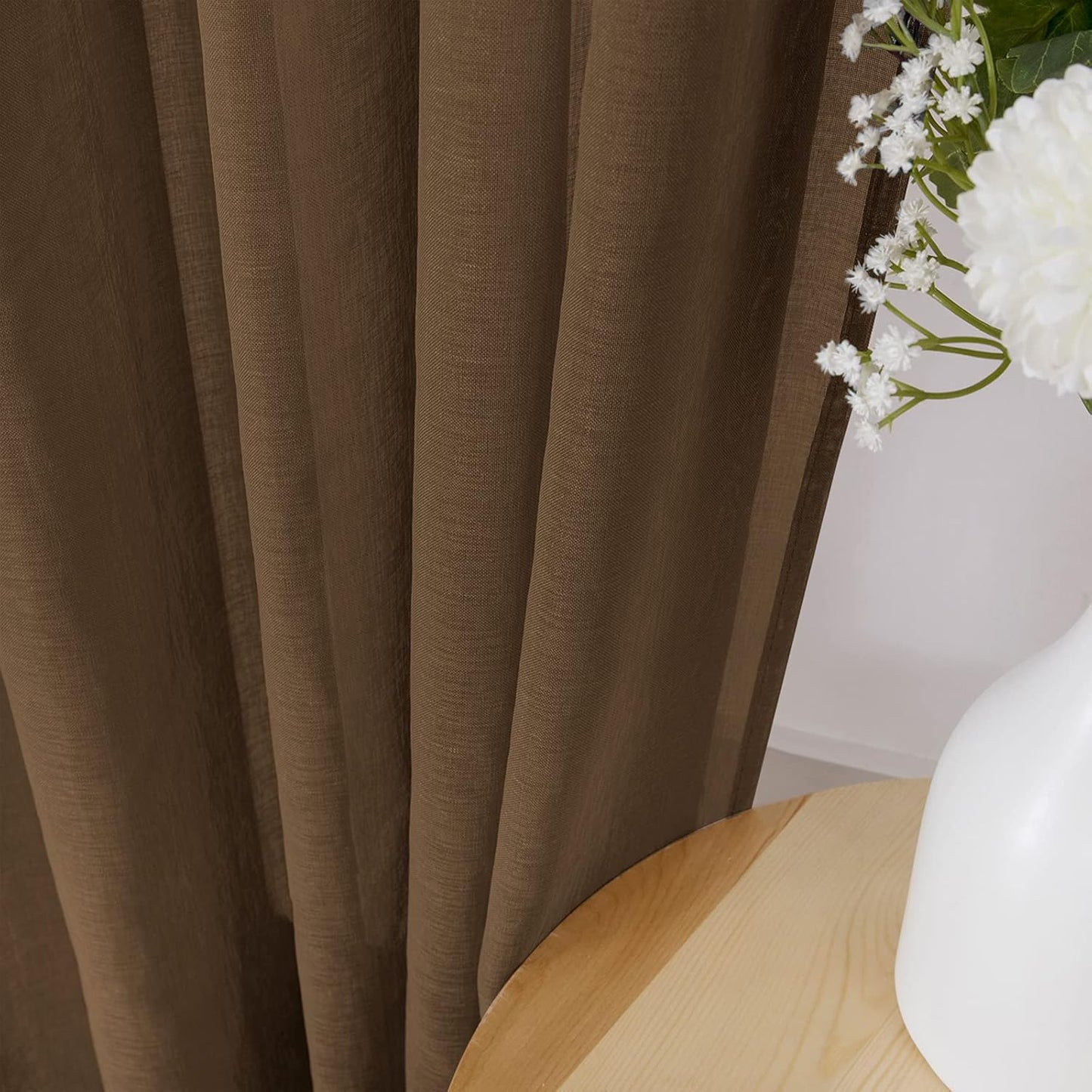 Tollpiz Sheer Curtain Linen Textured Bedroom Curtains Sheer Light Filtering Rod Pocket Voile Curtain for Living Room, 54 x 95 inches Long, Brown, Set of 2 Panels