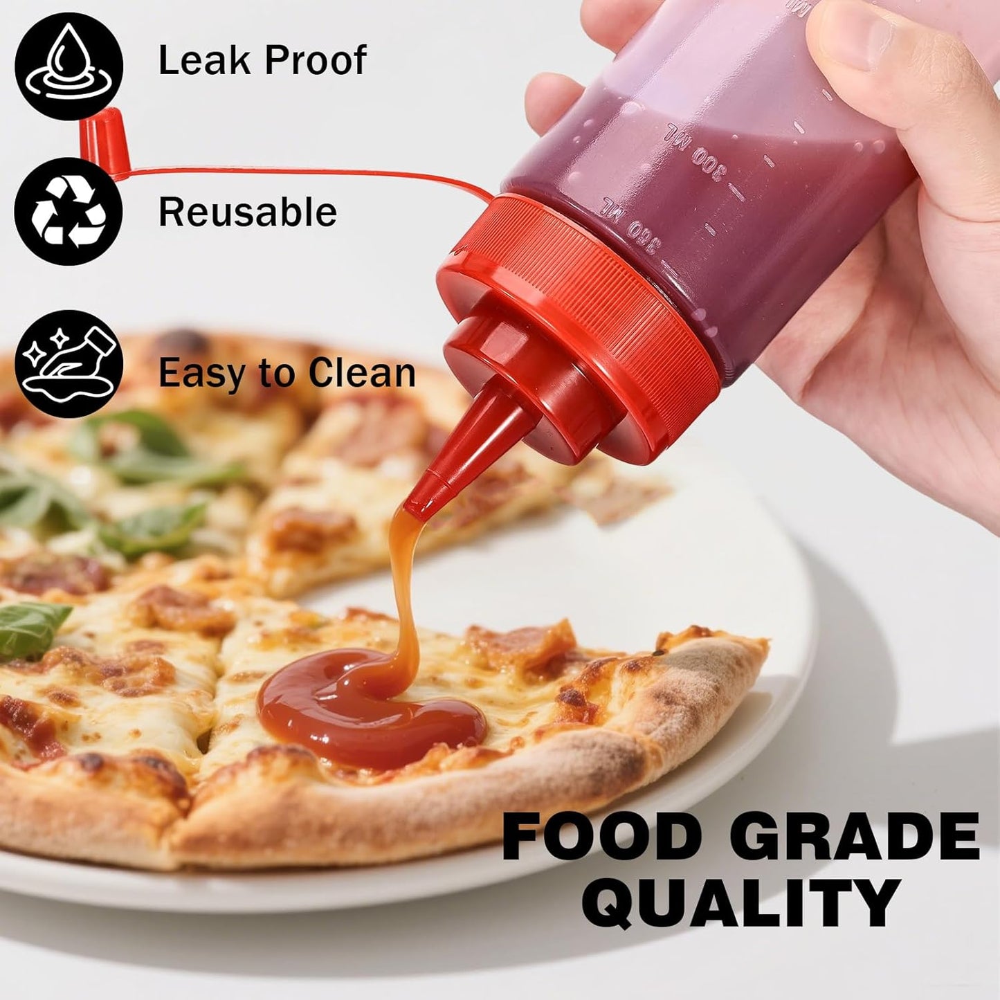 Condiment Squeeze Bottles Ketchup Dispenser, 4 Pack 12oz Squeeze Bottles for Liquids, Plastic Sauce Bottle with Cap Lid, Squirt Bottles for Sauces Liquids BBQ Dressing Pancake Art