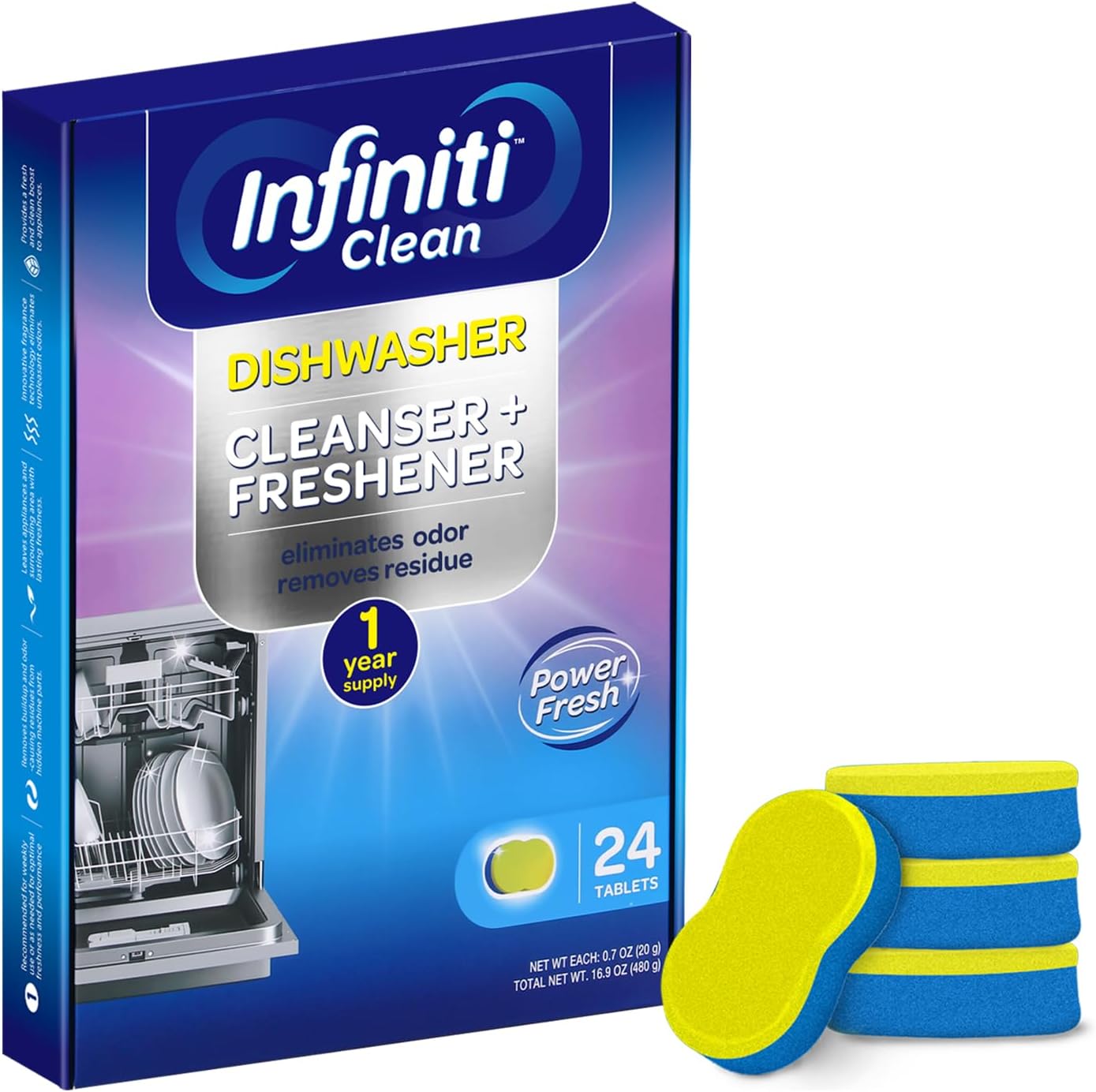 Dishwasher Cleaner and Deodorizer Tablets - Deep Clean Dishwasher Cleaner Tablets, Septic Safe, Natural Limescale Remover - Compatible with All Models (24 Pack)