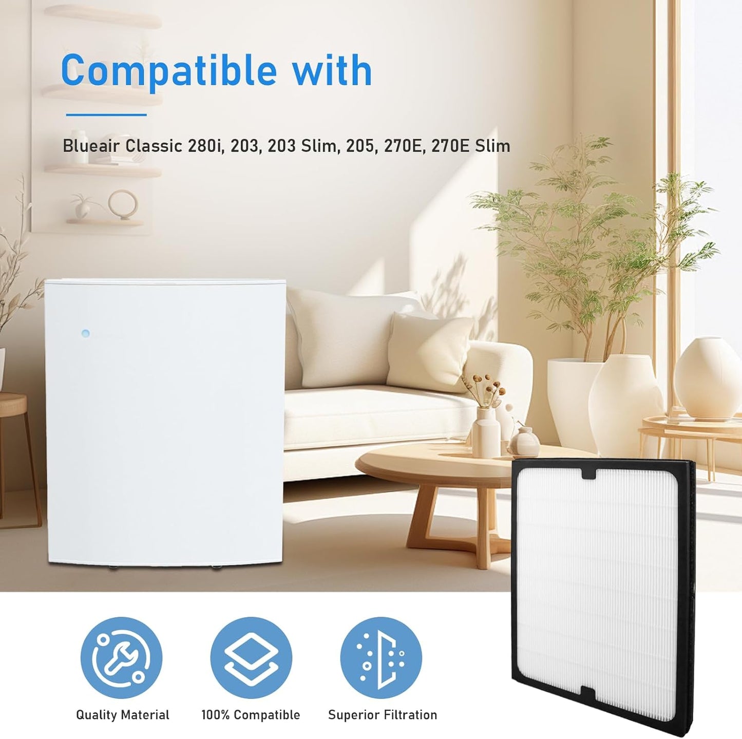 2 Pack Classic 200 Series Particle Filter Compatible with Blueair Classic 280i, 203, 203 Slim, 205, 270E, 270E Slim Air Puri-Fier, Filter and Combination Particle Carbon Replacement Filter