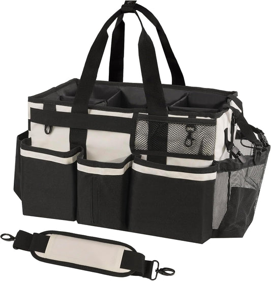 Wearable Cleaning Caddy, Cleaning Caddy Supplies Organizer with Handle & Shoulder Straps for Housekeepers, Under Sink & Car Cleaning Tool Organizers Bag with 4 Foldable Divider (Beige)