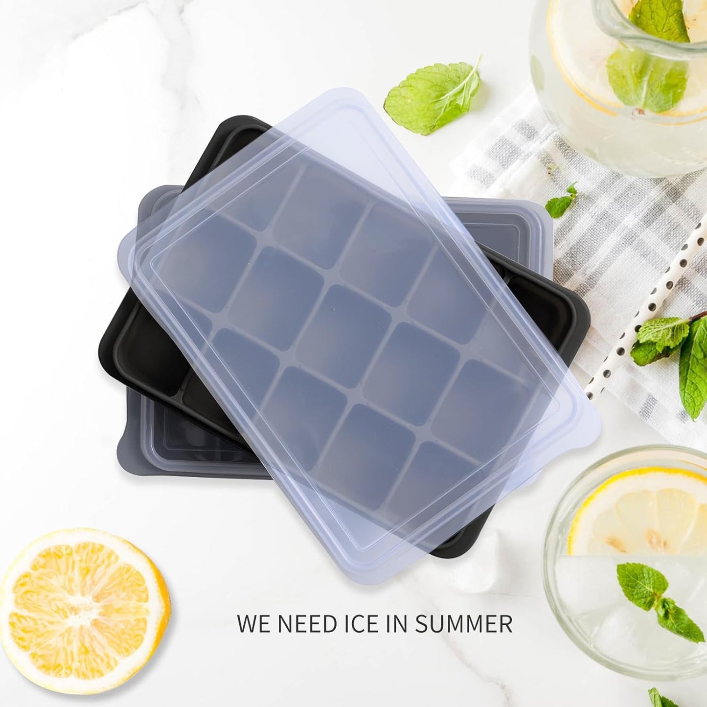 Tvmania Ice Cube Trays Set of 2, Easy Release 15 Flexible Silicone Ice Cube Molds with Removable Lid Reusable Freezer Ice Trays Stackable for Whiskey, Baby Food, BPA Free (black)
