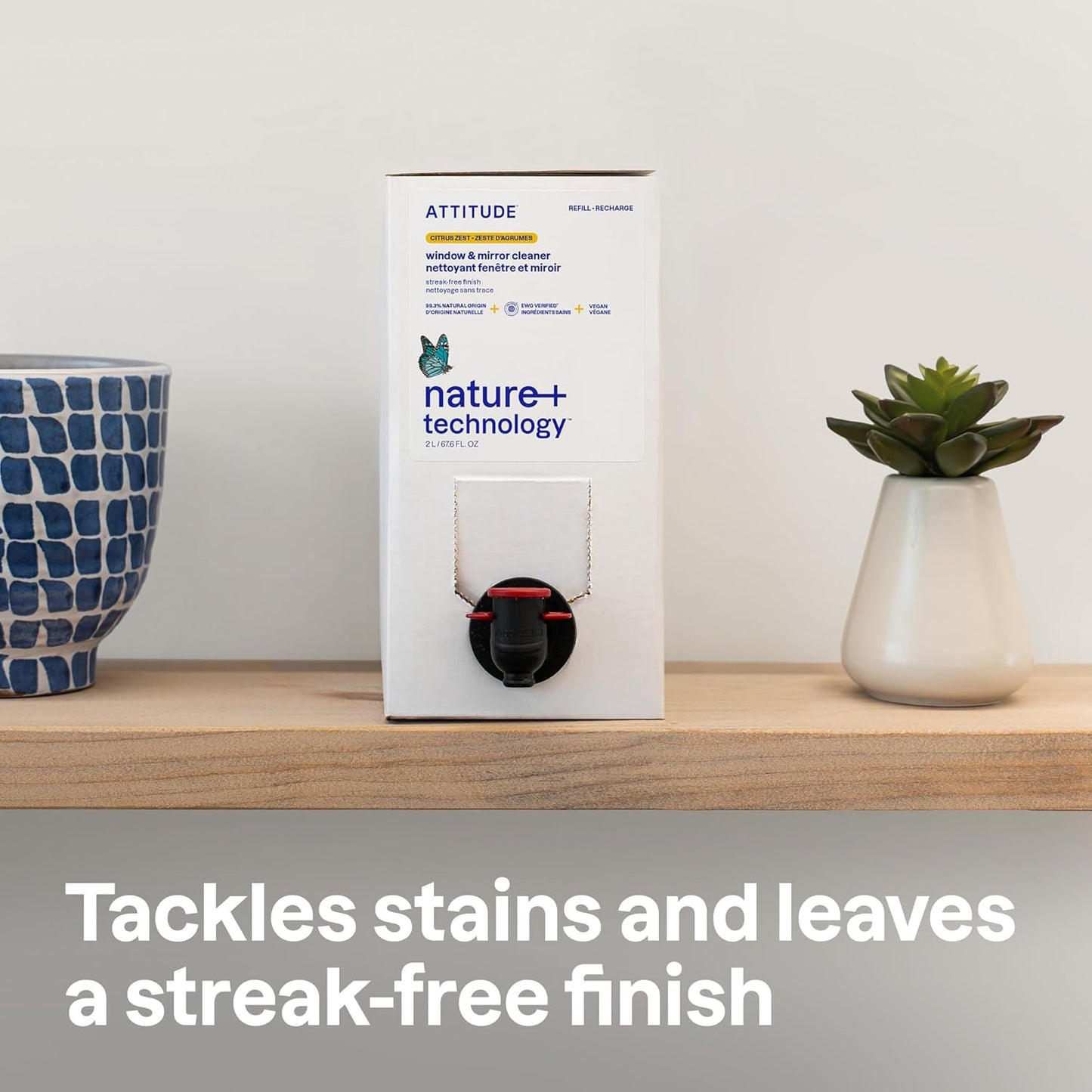 ATTITUDE Window & Mirror Cleaner Refill, EWG Verified, Plant- & Mineral-Based, Vegan & Streak-Free Glass Spray, Citrus Zest Scent, 67.6 Fl Oz