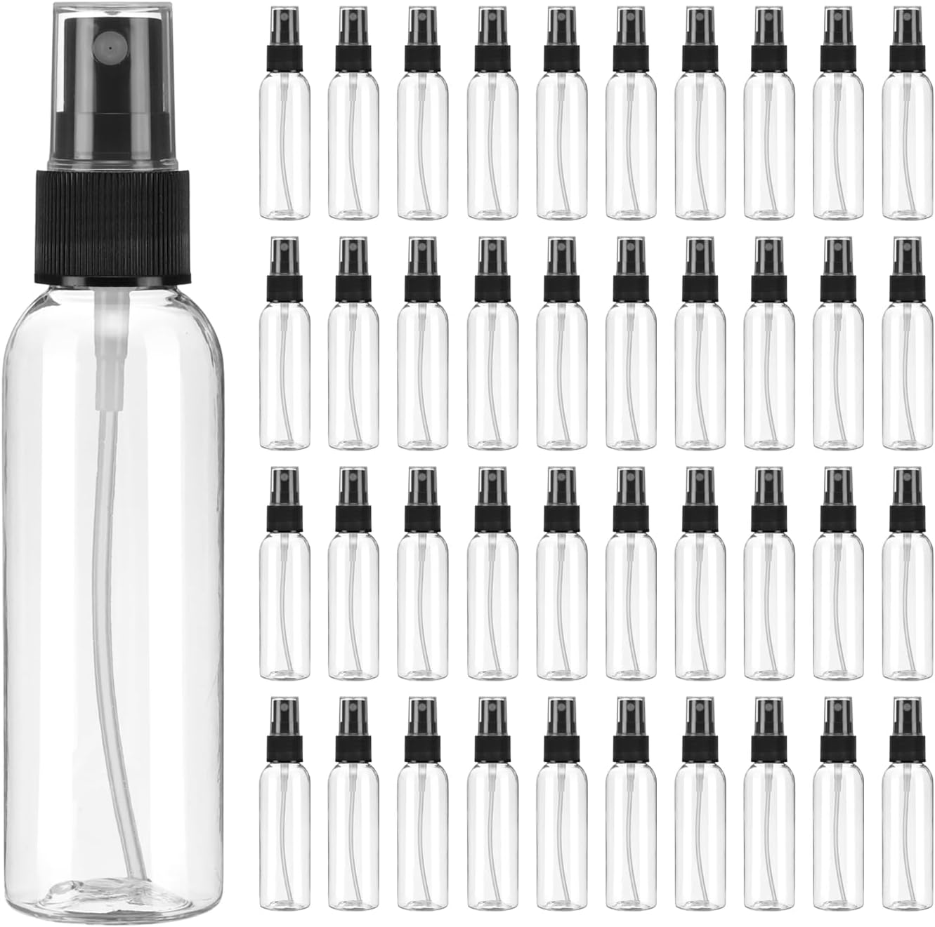 uxcell 100Pack Spray Bottles, 2Oz/60ML Clear Empty Mist Plastic Mini Travel Bottle Set,Small Refillable Liquid Containers for Household Use, Essential Oil, Cleaning (Transparent Black)