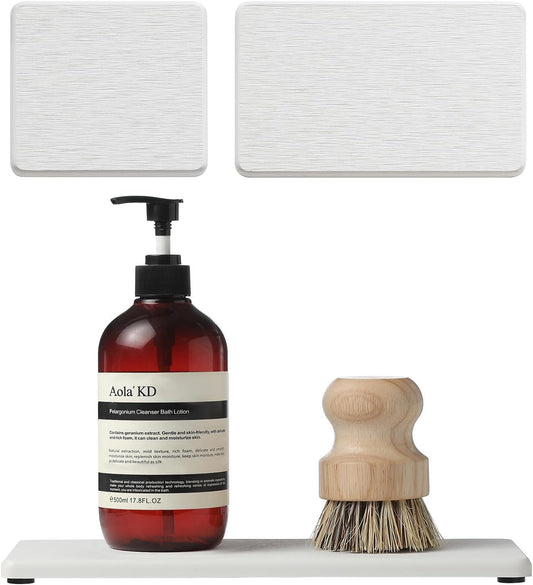 3PCS Bathroom Sink Vanity Trays, Quick Stone Drying Mat Dish Soap Dispenser Sponge Holder for Kitchen Counter, Diatomaceous Earth Water Absorbing Caddy Organizer, White