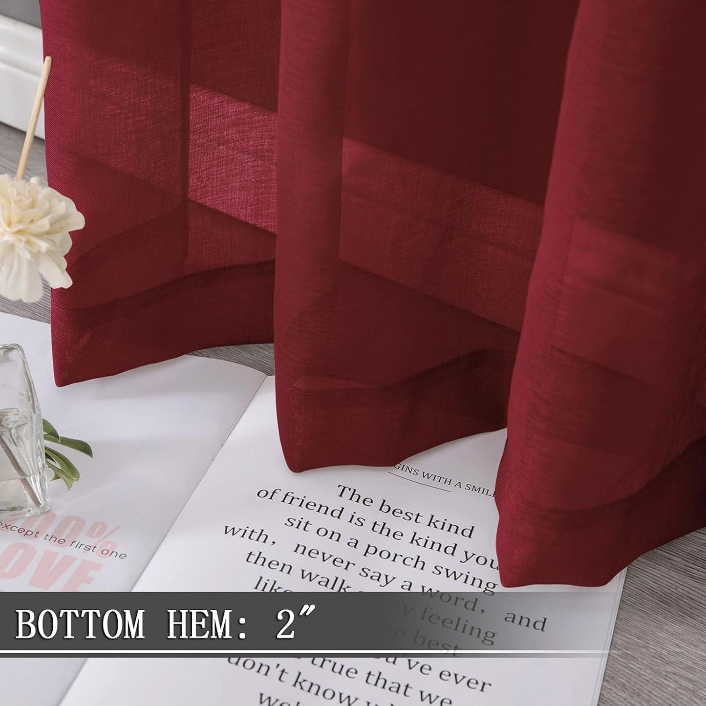 Tollpiz Sheer Curtain Linen Textured Bedroom Curtains Sheer Light Filtering Rod Pocket Voile Curtain for Living Room, 54 x 95 inches Long, Burgundy Red, Set of 2 Panels