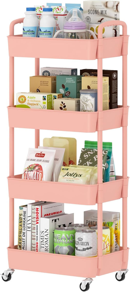 Sywhitta 4-Tier Plastic Rolling Utility Cart with Handle, Multi-Functional Storage Trolley for Office, Living Room, Kitchen, Movable Storage Organizer with Wheels, Pink