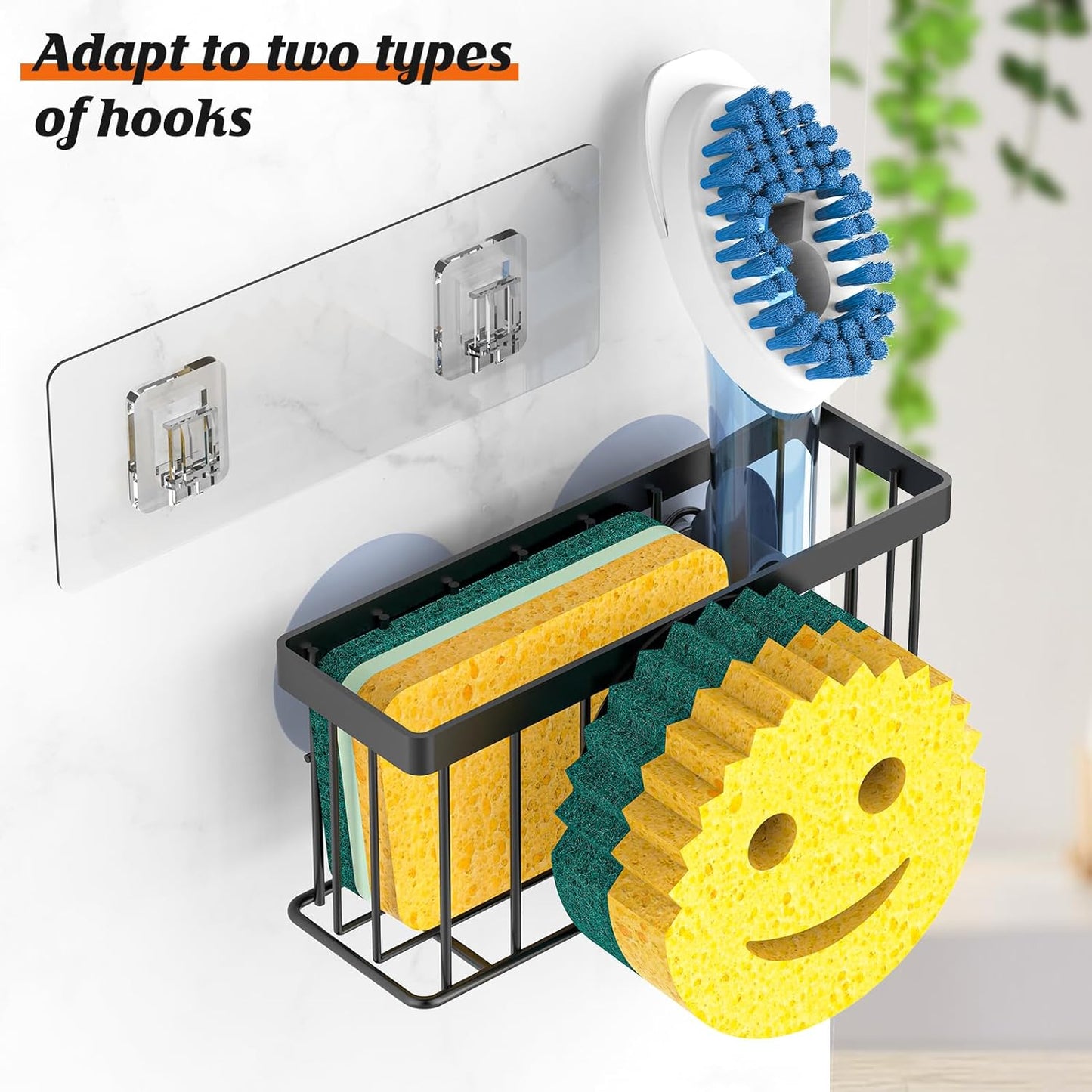 Sponge Holder Smiley Face,Sink Caddy,Sink Organizer with 2 Suction Cups/1 Adhesive Strips,Designed for Sponge,Soap,Dish Brush,Scrubber - Black