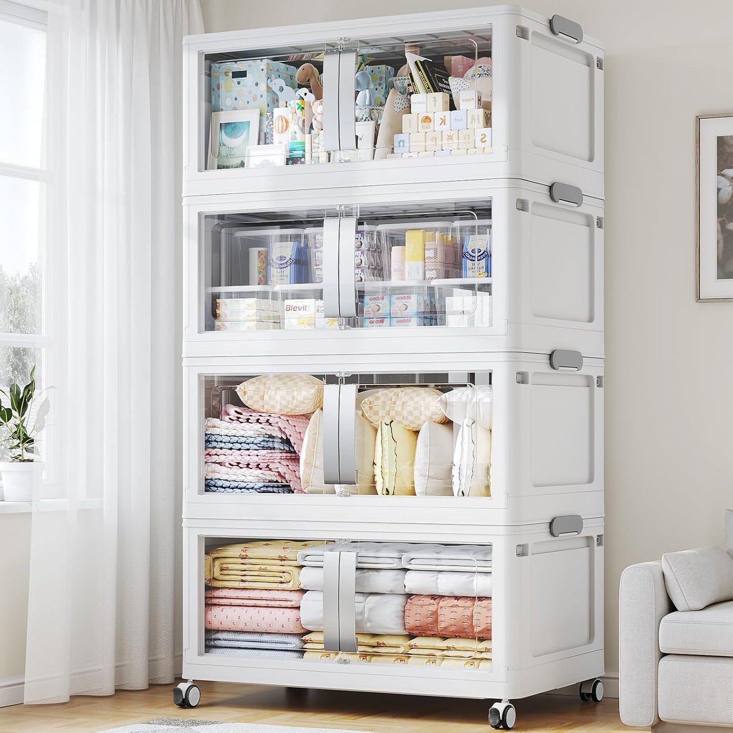 BROVIEW 640QT Stackable Storage Bins with Lids, 160Gal Extra Large Collapsible Storage Box with Wheel, Plastic Storages with Clear Door Open Front for Home Kitchen Garage, White-4pack(4 lids)