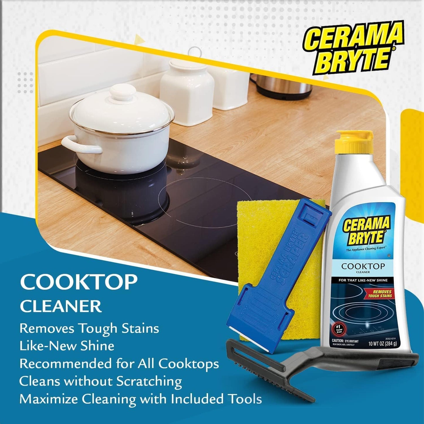 Cerama Bryte Glass Cooktop and Stove Top Cleaner Combo Kit - Includes Cleaning Tool, Razor, Scraper and 1 Pad to Remove Tough Stains - Use on Gas, Electric, Ceramic Surfaces, 18 Ounces, 4 Piece