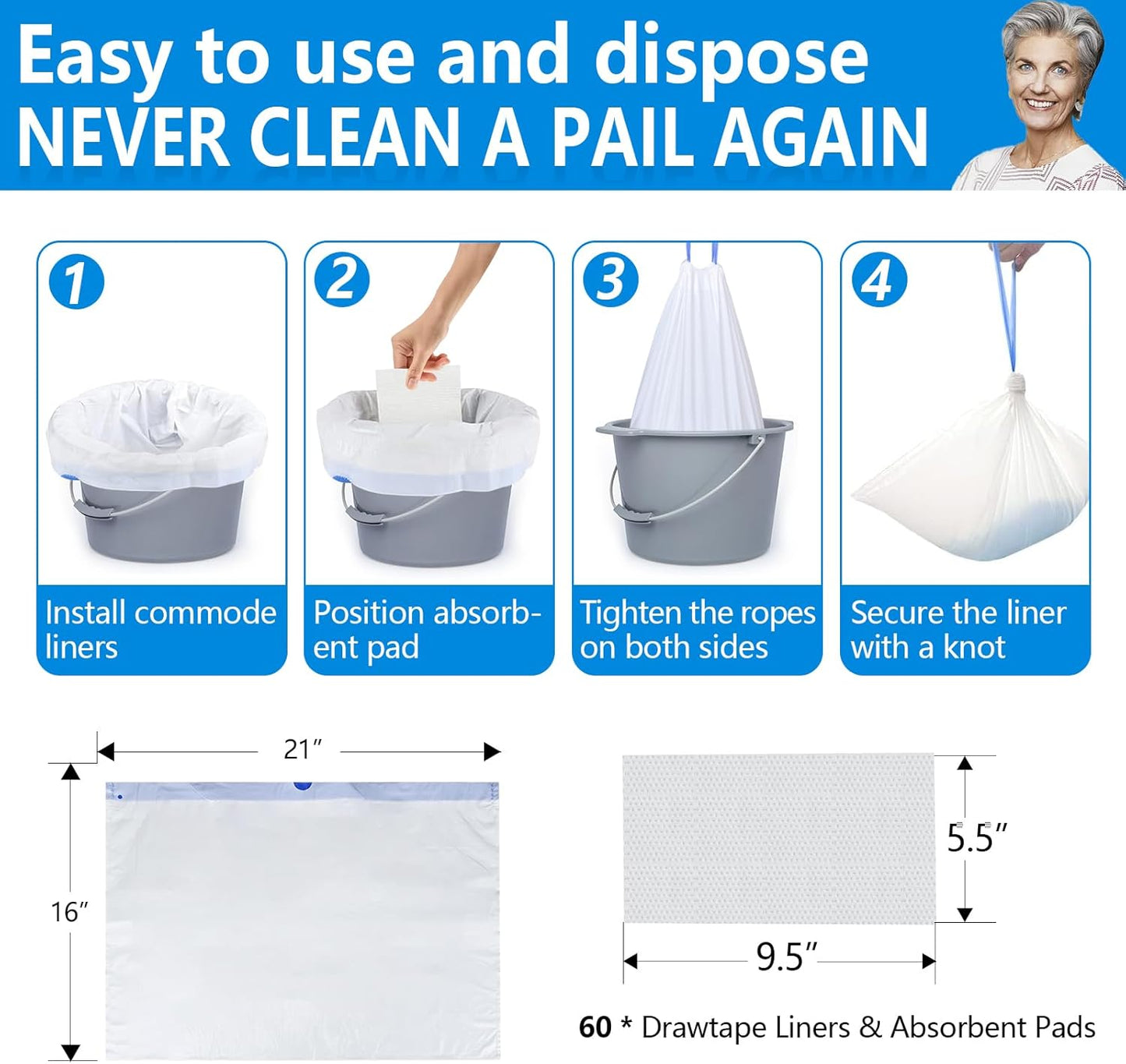 Commode Liners with Highly Absorbent Pads - [Pack of 60] - Bedside Commode Liners Disposable - Medical Grade - Leak-Proof - Toilet Liners Disposable Adult