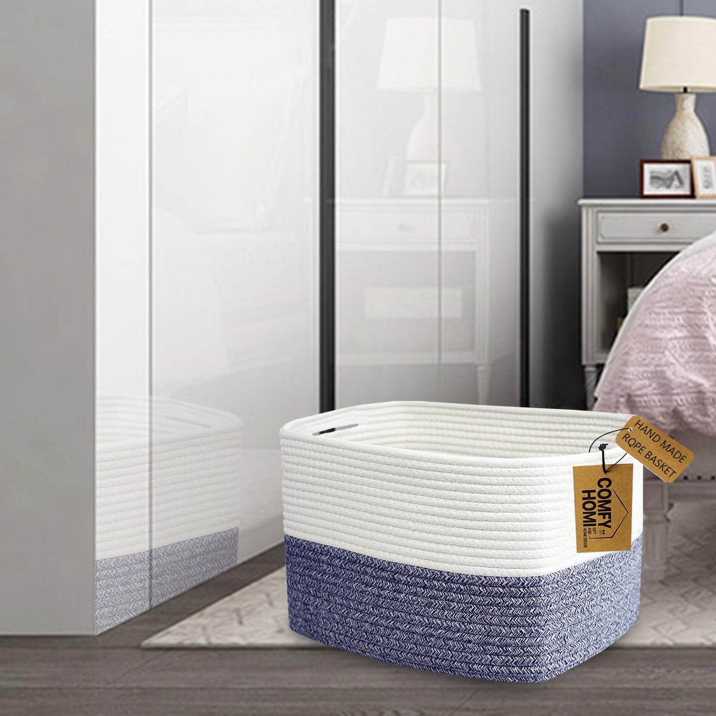 COMFY-HOMI 3 Pack Medium Cotton Rope Basket with Handles for Shelves, Dog Toy, Baby, Gift Organizing, Handwoven Craft - New Generation 13.5" x 11" x 9.5" (Navy Blue)