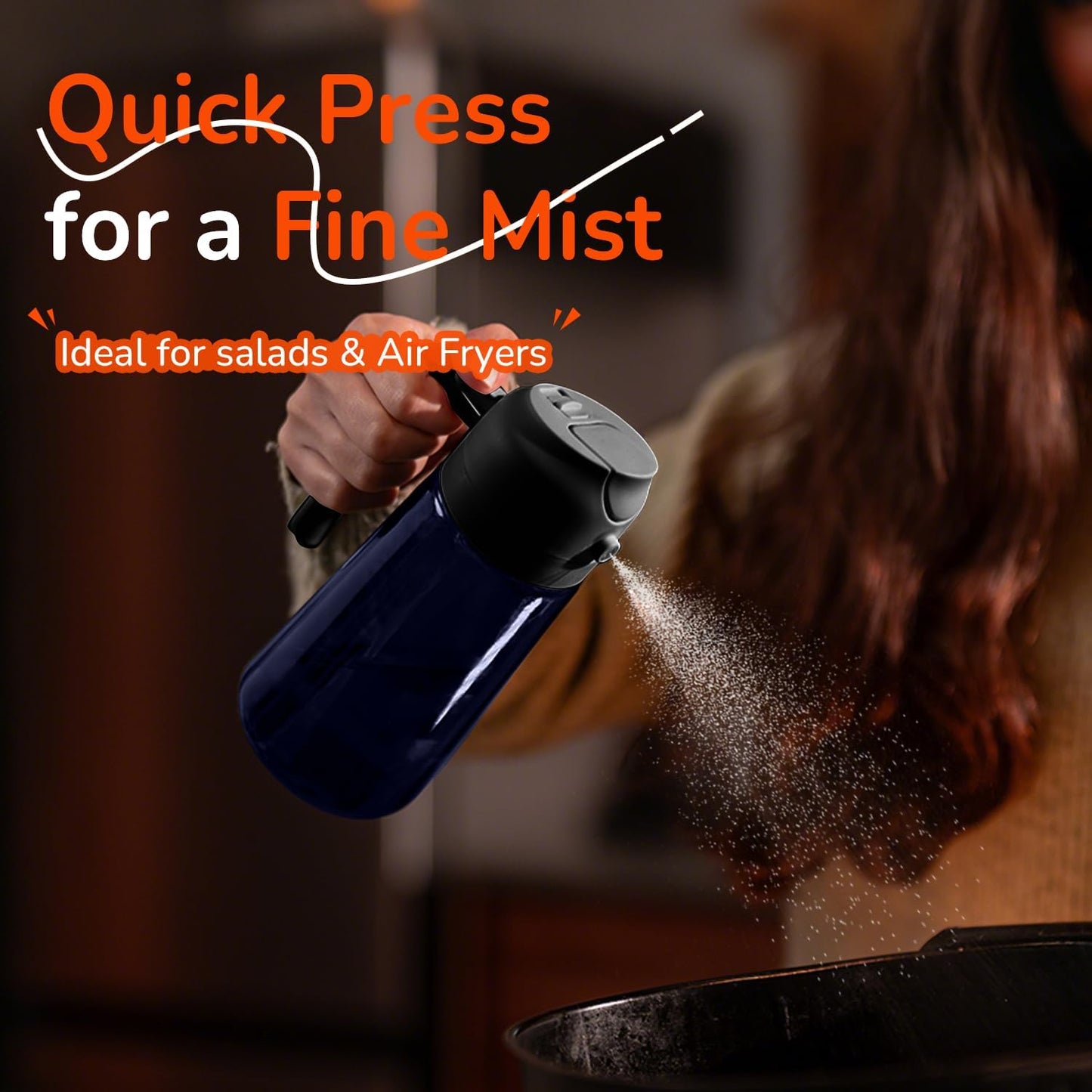 TrendPlain 16oz/470ml Blue Glass Olive Oil Sprayer for Cooking - 2 in 1 Olive Oil Dispenser for Kitchen Gadgets, Air Fryer, Salad, and BBQ (1 Pack, Black & Navy)