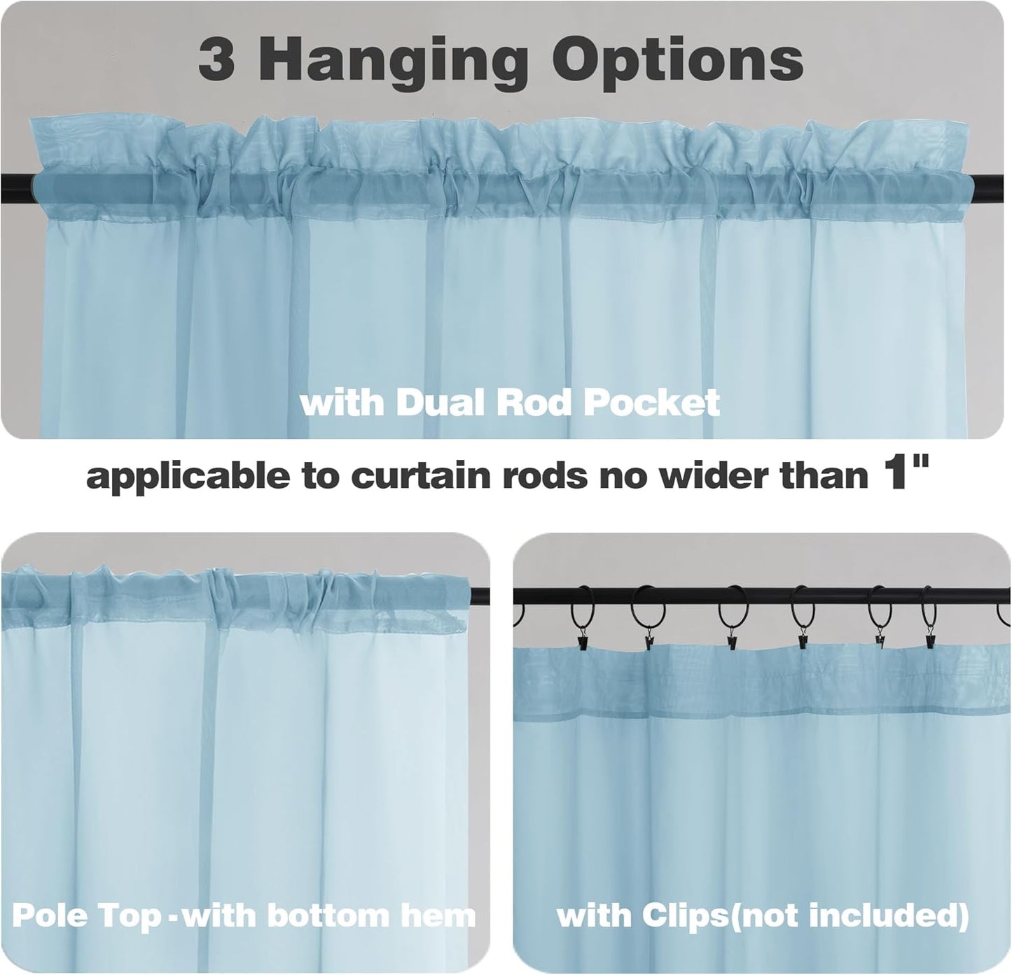 Chyhomenyc Sky Blue Sheer Curtains 54 Inch Long 2 Panels, Light Filtering Rod Pocket Voile Short Curtains Drapes for Living Room Bedroom Small Windows, 42Wx45L Inches