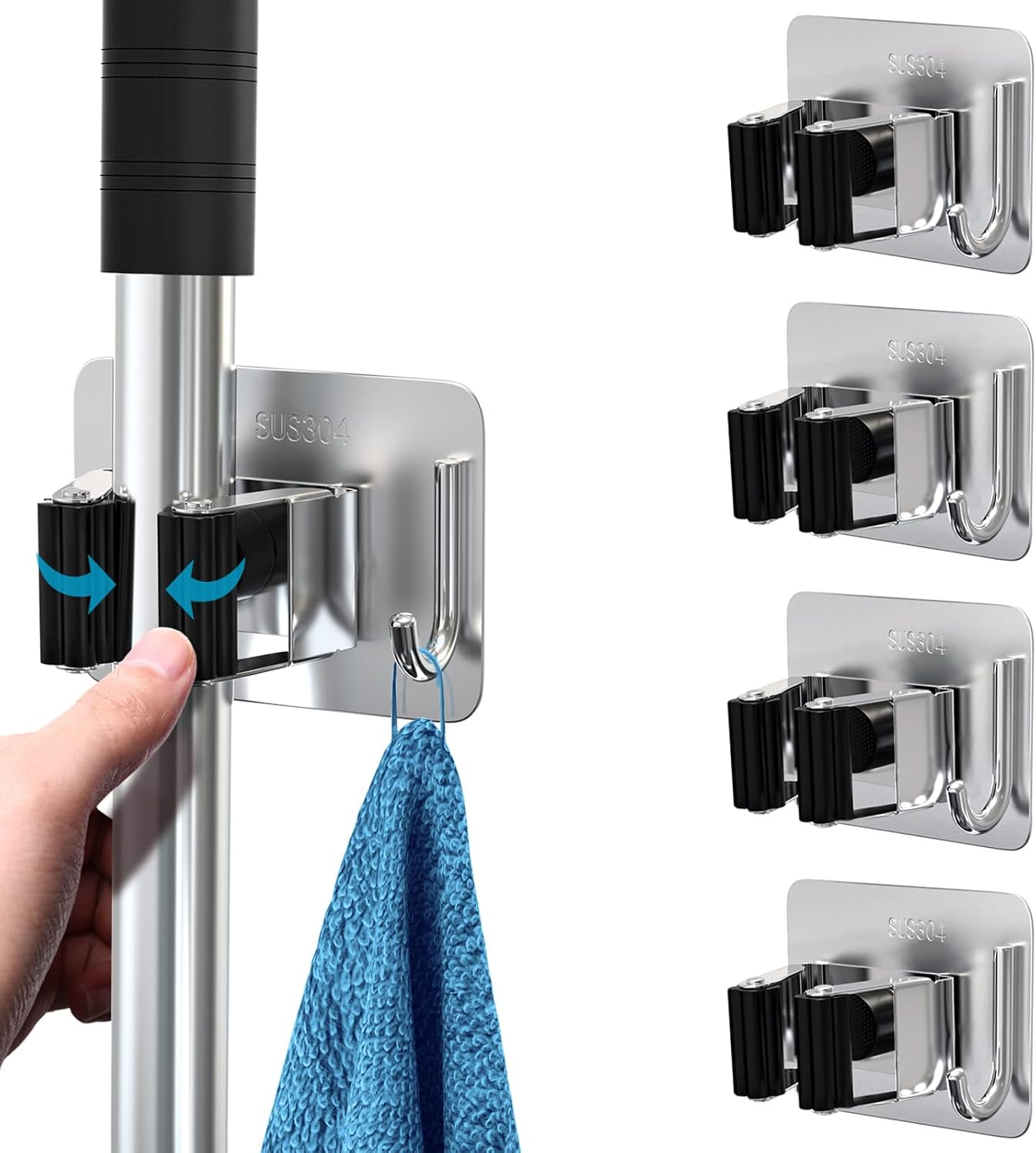Mop Broom Holder No Drill, Mop Broom Organizer Wall Mounted Heavy Duty with Hooks Hanger, Self Adhesive Stainless Steel 4Pcs for Bathroom, Kitchen, Office (Multicolor)